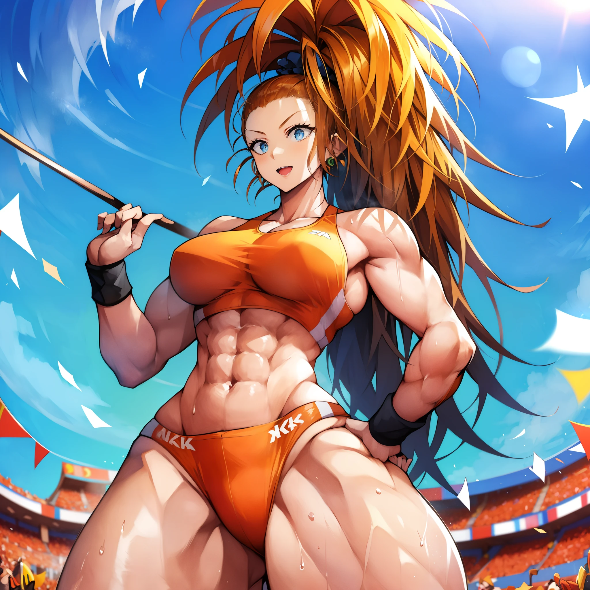 One Punch Man、athletics stadium、Captain Mizuki、captain、Crouching start、combat readiness、pole vault、javelin throwing、shot put、discus throw、track and field athlete、B-class 71st female hero、With a bright and cheerful personality、Uses a variety of attack methods with track and field motifs。Operation to invade the Monster Association、muscular big breasted mature woman、muscular big breasted mature woman、8head and body、A stunning six-pack peeks out through her clothes.、A uniform that resembles that of a track and field athlete who boasts well-trained, toned, and supple bodies.、Sports shoes and wristbands on both hands、earrings on both ears、Her long, voluminous hair is tied up with a scrunchie.。It is located slightly to the left of the top of the head.、Between pineapple hair and side tail、orange hair blue eyes、