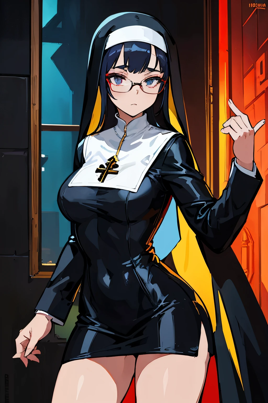 sexy nun, glasses prison, original character, masterpieces, 16k resolution, detailed glass, dental effect, fashion nun clothes, vibrant colors, dramatic lighting, time effect, priest, super model, idoaltic
