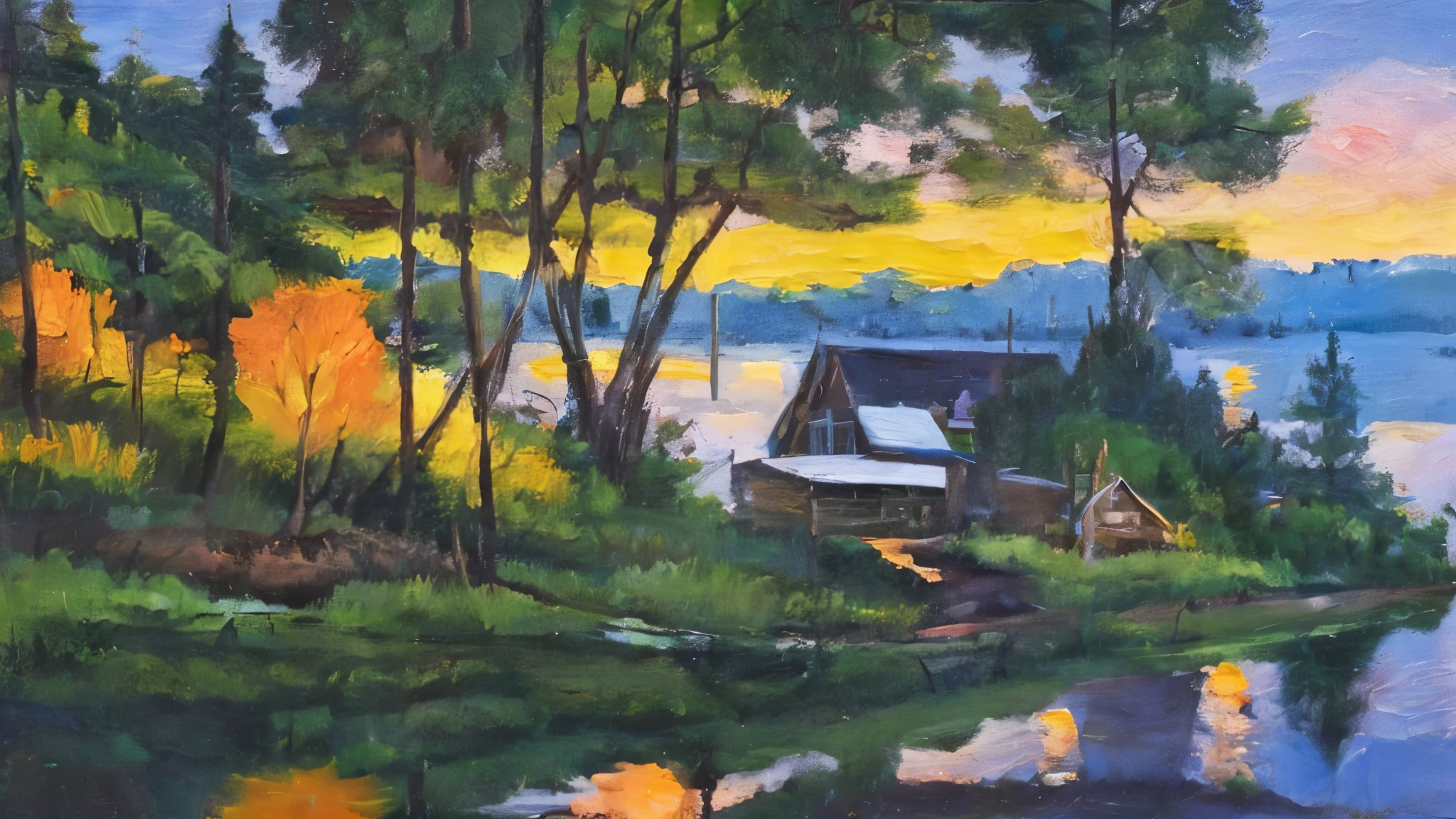 Produce an oil painting depicting a serene lakeside scene at dusk. Picture a tranquil lake nestled among towering pine trees, their reflections shimmering softly on the calm water's surface. A cozy cabin with warm lights glowing from its windows sits nestled among the trees, while the fading hues of the evening sky paint a masterpiece above. Infuse the scene with a sense of tranquility and nostalgia, capturing the quiet beauty of nature at twilight.