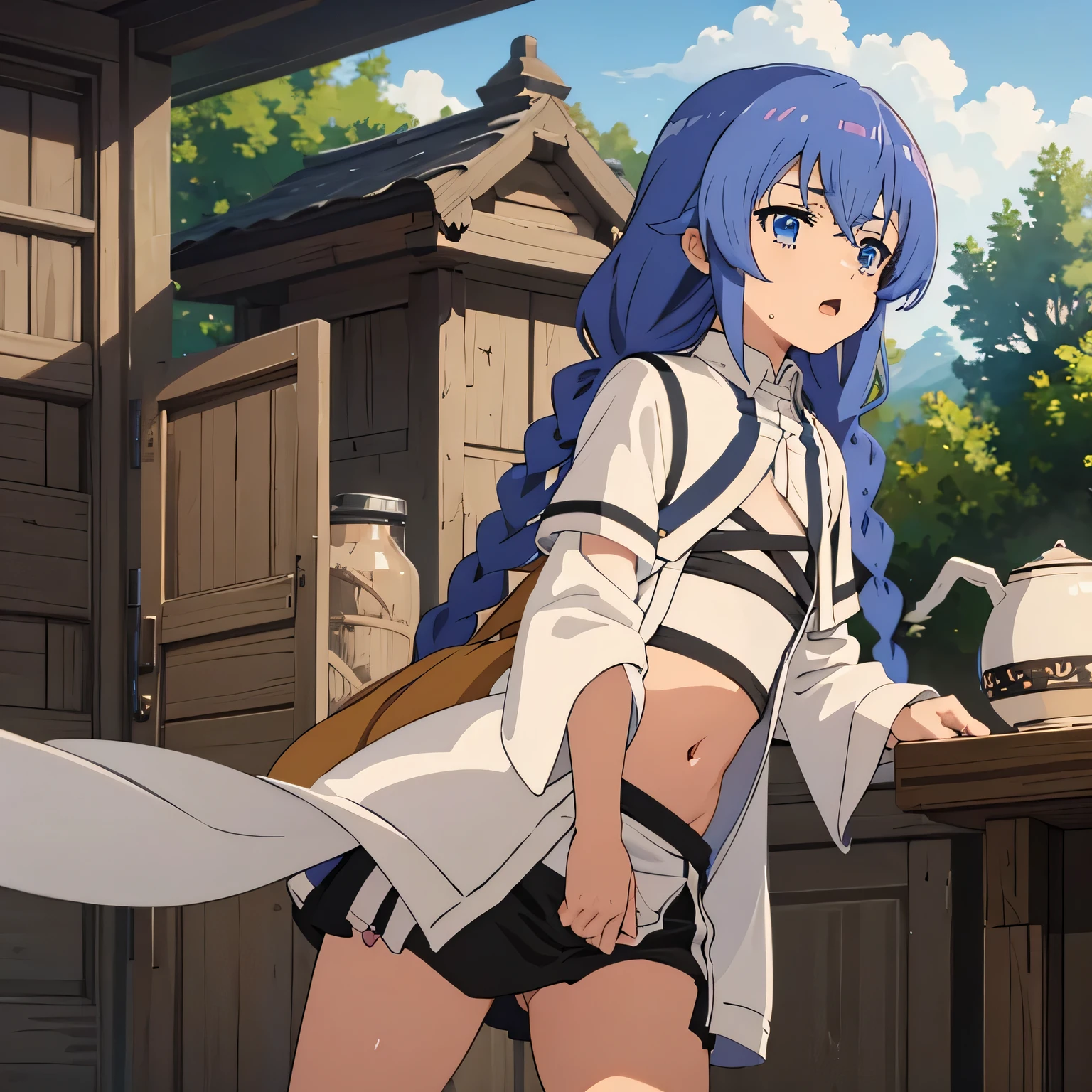 Roxy_Migurdia(Mushoku Tensei)、1 girl, masterpiece、highest quality、best image quality、vivid description、Focused、blue eyes、crimson blue hair、double big braids、{embarrassing}、{blush}、{{}}、satori、{drool from the mouth}、{Low - Angle}, {lower body}、{NSFW}, spread your legs,{{Depicts the whites of the eyes clearly and vividly}},{{masturbation}}、{{put your hand inside your panties}}、spread your legs,white panties,{{touch the erect clitoris with your hand}}、Open your、butthole、A large amount of love juice drips from the pussy.、small puddle under the cat、belly button、stick out tongue、white breath