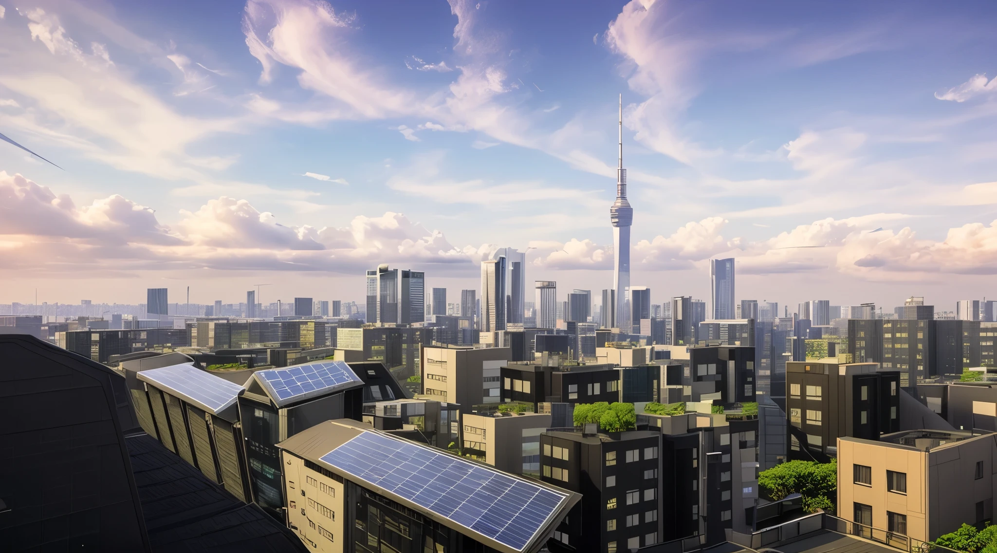 Beautiful view of a city with many tall buildings, set in Tokyo rooftop, Such, Such futuristic in background, rooftop solar panels, skyline seen from rooftop, Tokyo in the background, Downtown Solarpunk Utopia, Tokyo city in the background, Solar Punk City, Tokyo futuristic in background, city rooftops, skyline showing, in Such, Tokyo