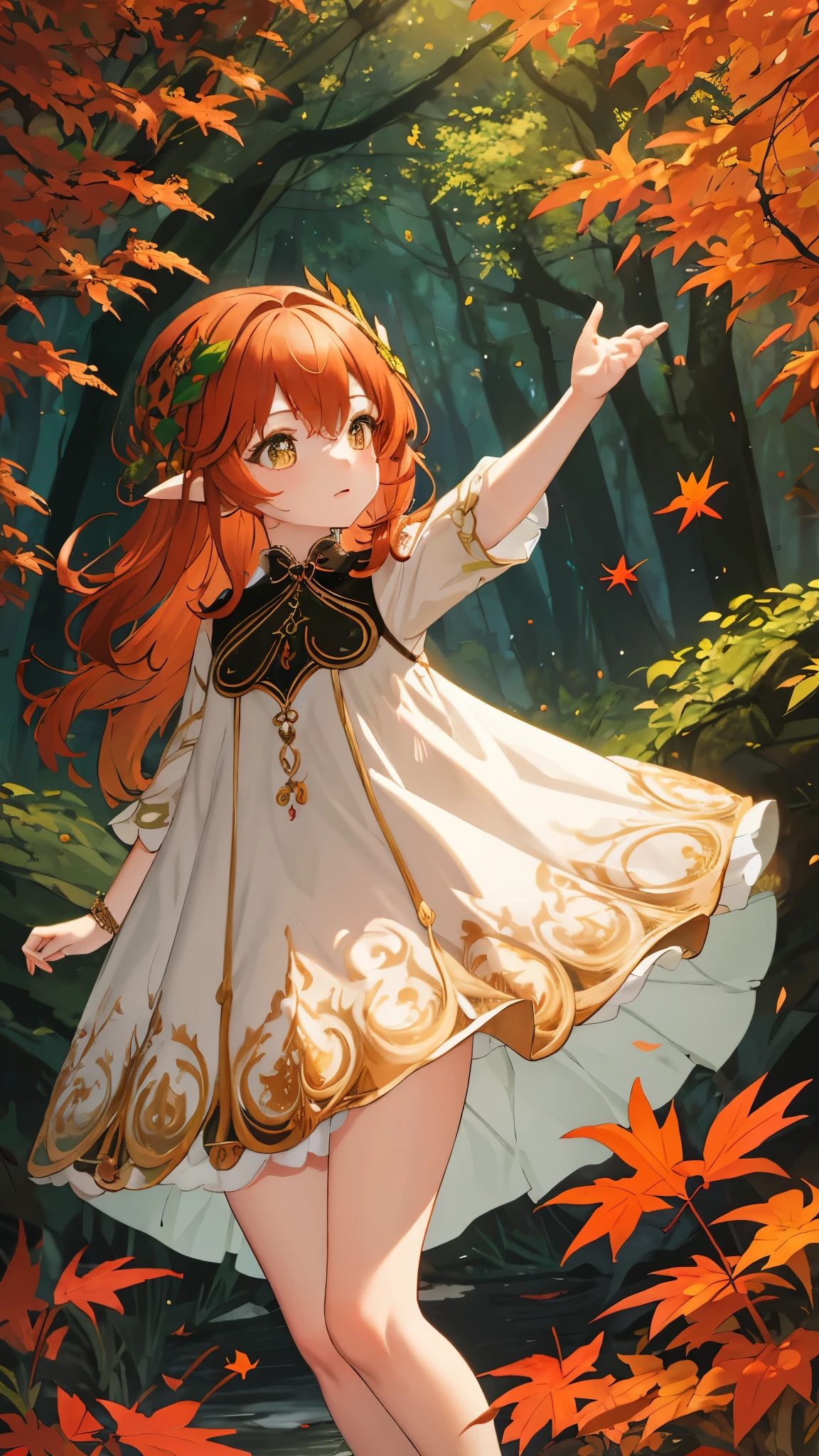 Autumn dress, dress made by brown leaves, Goddess of Nature Autumn, Auburn Hairs, brown eyes, in a forest during fall, anime style, short, kid, elegant dress, leaf dress, dark style,