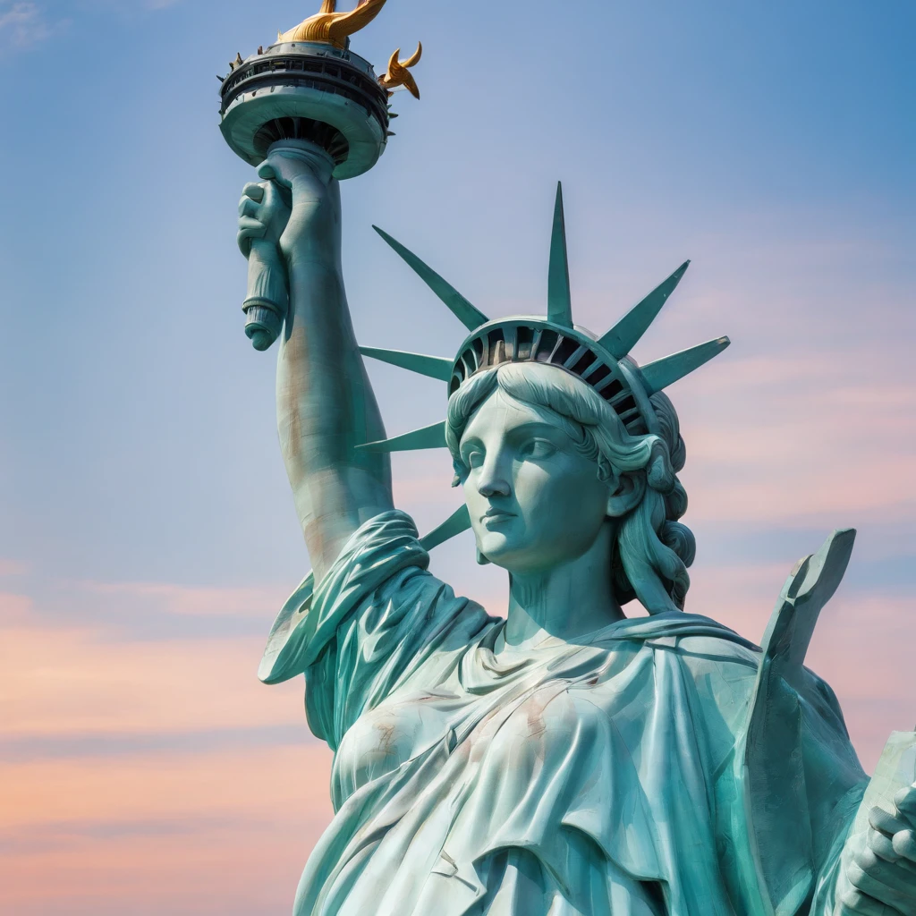 The Statue of Liberty is a prominent symbol of freedom and liberty. It is a colossal neoclassical sculpture located on Liberty Island in New York Harbor. The statue depicts a robed female figure representing Libertas, the Roman goddess of freedom and was a gift from France to the United States. Photo-realistic close-up of the Statue of Liberty with extreme detail description, capturing the intricate facial features, including beautifully sculpted eyes, detailed lips, and a graceful expression. Best quality high-resolution image (4k, 8k, or masterpiece:1.2) showcasing the stunning craftsmanship and precision of the statue. The statue stands tall against a backdrop of a golden sunset and a clear blue sky, creating a vibrant and vivid color palette. Studio lighting illuminates the statue, highlighting its majestic presence. The Statue of Liberty is portrayed in a classical art style, reminiscent of neoclassical sculpture, paying homage to the historical significance and artistry of the statue. The statue is surrounded by lush greenery and a serene waterfront, adding a sense of tranquility to the scene. In the distance, a bustling cityscape can be seen, symbolizing the location of the statue and its connection to the thriving metropolis of New York City. Overall, the prompt captures the grandeur, beauty, and symbolic value of the Statue of Liberty, inviting Stable Diffusion to generate a visually stunning and iconic representation of this national monument.