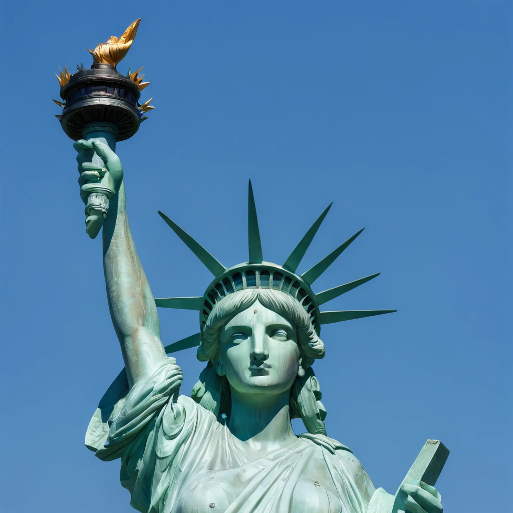 The Statue of Liberty is a prominent symbol of freedom and liberty. It is a colossal neoclassical sculpture located on Liberty Island in New York Harbor. The statue depicts a robed female figure representing Libertas, the Roman goddess of freedom and was a gift from France to the United States. Photo-realistic close-up of the Statue of Liberty with extreme detail description, capturing the intricate facial features, including beautifully sculpted eyes, detailed lips, and a graceful expression. Best quality high-resolution image (4k, 8k, or masterpiece:1.2) showcasing the stunning craftsmanship and precision of the statue. The statue stands tall against a backdrop of a golden sunset and a clear blue sky, creating a vibrant and vivid color palette. Studio lighting illuminates the statue, highlighting its majestic presence. The Statue of Liberty is portrayed in a classical art style, reminiscent of neoclassical sculpture, paying homage to the historical significance and artistry of the statue. The statue is surrounded by lush greenery and a serene waterfront, adding a sense of tranquility to the scene. In the distance, a bustling cityscape can be seen, symbolizing the location of the statue and its connection to the thriving metropolis of New York City. Overall, the prompt captures the grandeur, beauty, and symbolic value of the Statue of Liberty, inviting Stable Diffusion to generate a visually stunning and iconic representation of this national monument.