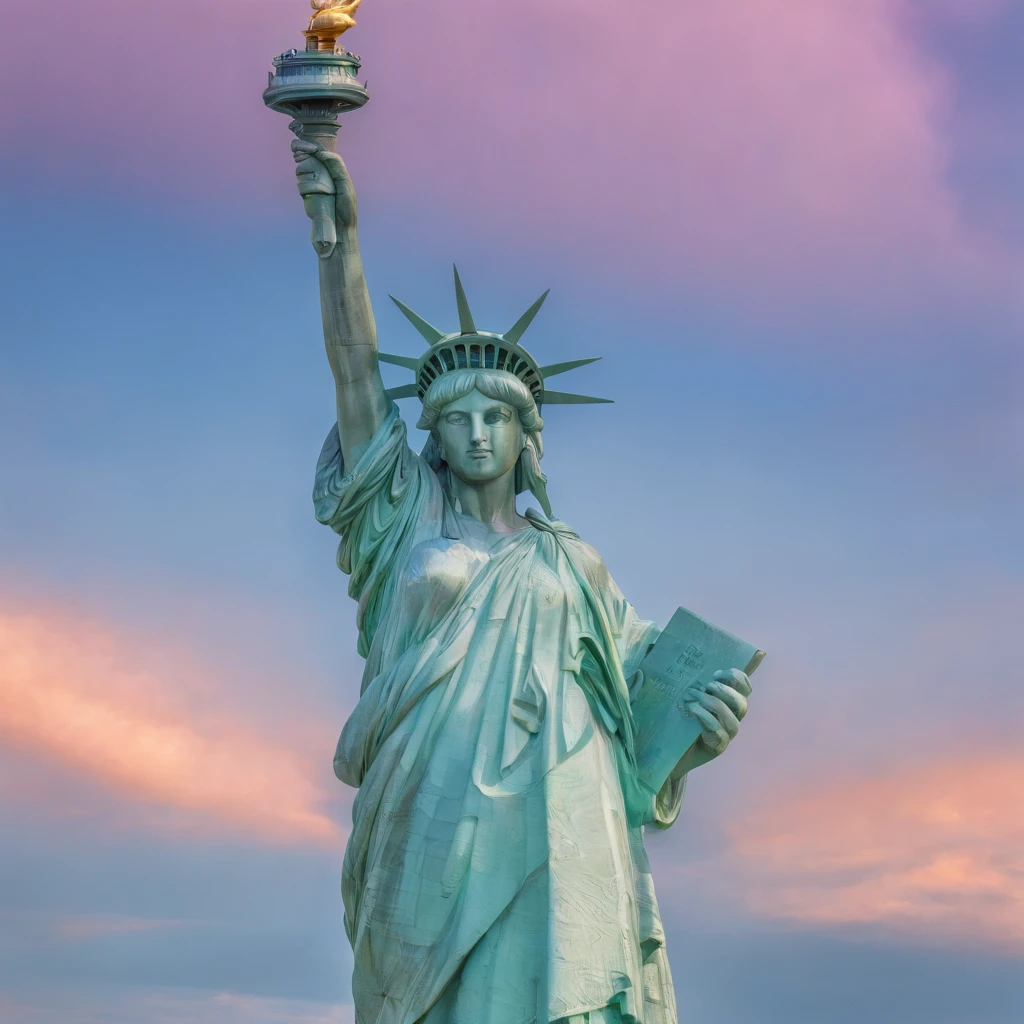 The Statue of Liberty is a prominent symbol of freedom and liberty. It is a colossal neoclassical sculpture located on Liberty Island in New York Harbor. The statue depicts a robed female figure representing Libertas, the Roman goddess of freedom and was a gift from France to the United States. Photo-realistic close-up of the Statue of Liberty with extreme detail description, capturing the intricate facial features, including beautifully sculpted eyes, detailed lips, and a graceful expression. Best quality high-resolution image (4k, 8k, or masterpiece:1.2) showcasing the stunning craftsmanship and precision of the statue. The statue stands tall against a backdrop of a golden sunset and a clear blue sky, creating a vibrant and vivid color palette. Studio lighting illuminates the statue, highlighting its majestic presence. The Statue of Liberty is portrayed in a classical art style, reminiscent of neoclassical sculpture, paying homage to the historical significance and artistry of the statue. The statue is surrounded by lush greenery and a serene waterfront, adding a sense of tranquility to the scene. In the distance, a bustling cityscape can be seen, symbolizing the location of the statue and its connection to the thriving metropolis of New York City. Overall, the prompt captures the grandeur, beauty, and symbolic value of the Statue of Liberty, inviting Stable Diffusion to generate a visually stunning and iconic representation of this national monument.