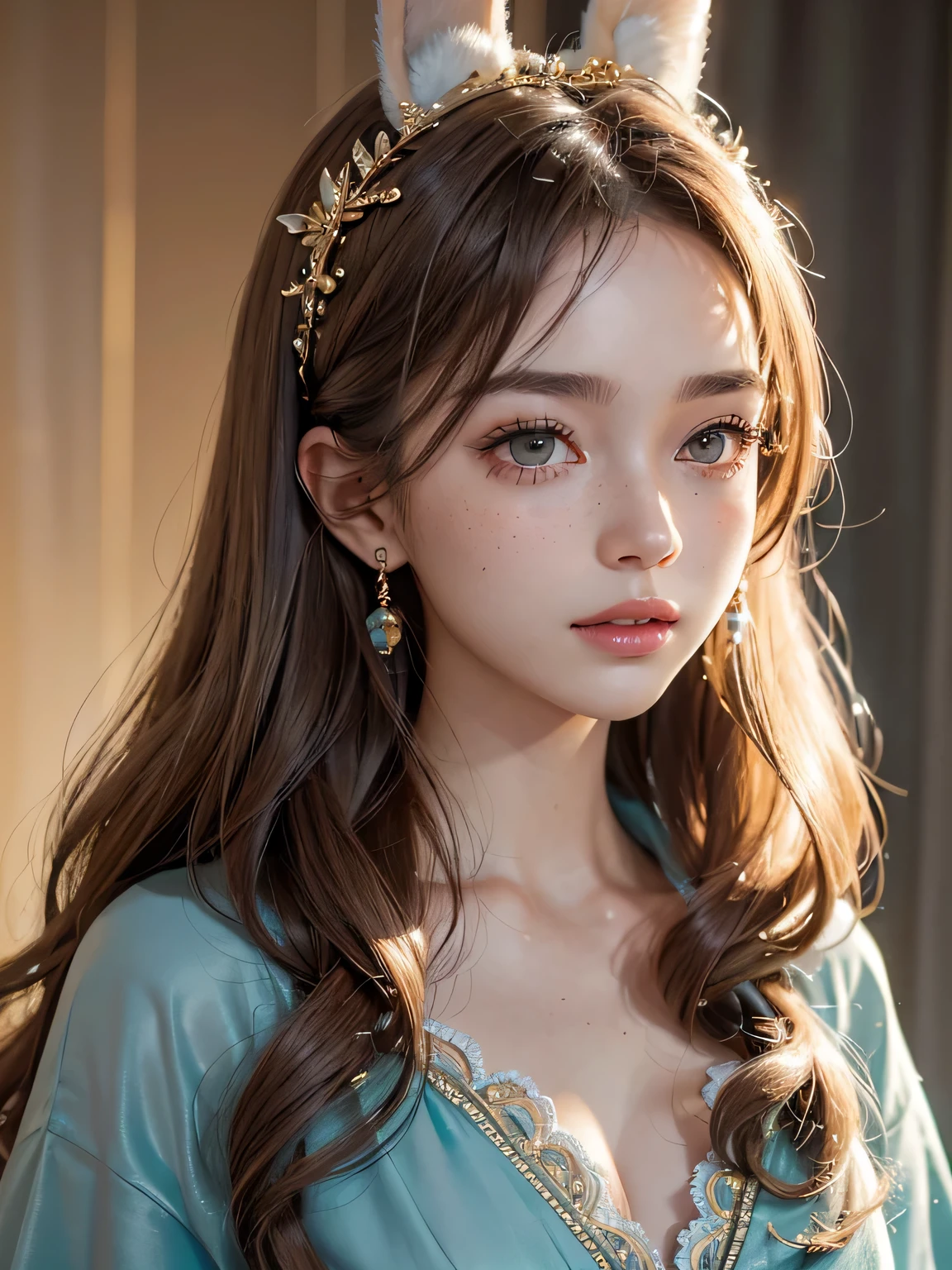 (best quality,highres), beautiful detailed eyes, beautiful detailed lips, extremely detailed eyes and face, long eyelashes, sophisticated features, delicate complexion, vibrant and flawless skin, mesmerizing gaze, cute freckles, elegant eyebrows, rosy cheeks, silky smooth hair, luscious curls, vibrant and shiny golden hair, charming smile, grey moth outfit, hoodie, serene atmosphere, soft and dreamy lighting, magical color scheme with shades of gold, grey, and turquoise, bunny ears, a sense of mystery and elegance, a masterpiece of art capturing the beauty and grace of the sweet short woman.