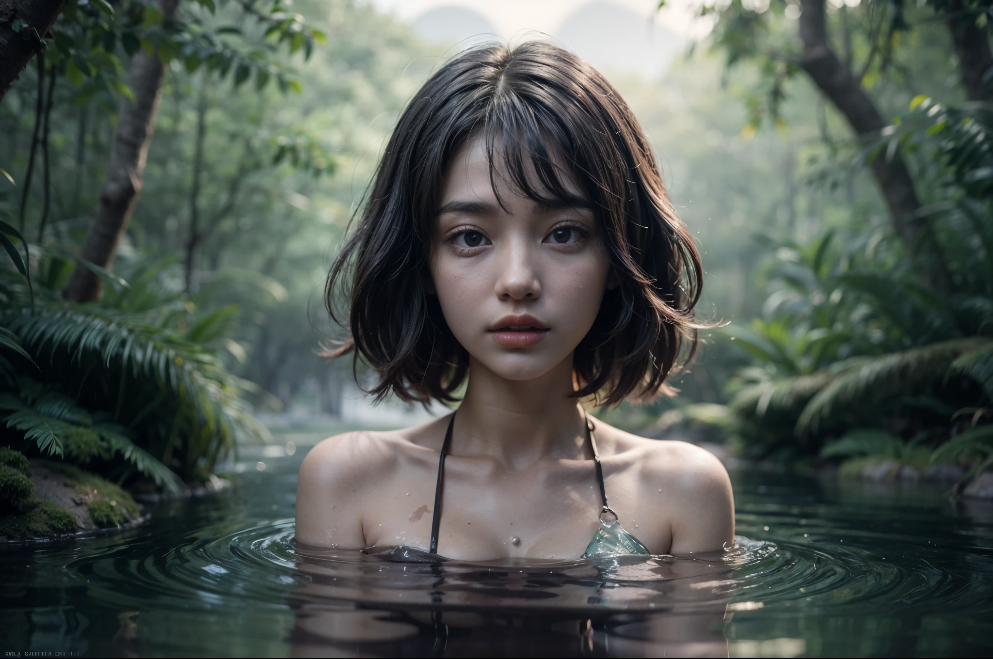 In a vast forest under the moonlight, a beautiful nymph swimming in the pond surrounded by a thick forest and high mountain, detailed face, detailed skin, detailed texture, detailed environment