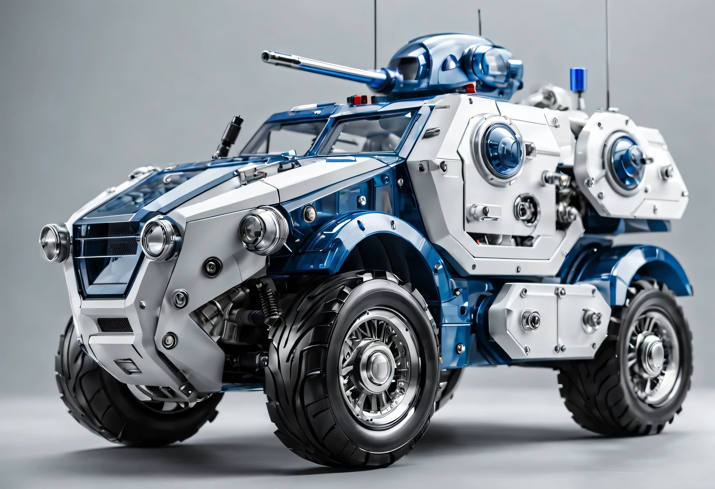 Pure light gray background, A white and blue transparent mechanical armored vehicle , The internal structure is complex and precise, (Well-designed, high detail, masterpiece, best quality, ultra high definition, Sharpen details),New Jersey RS