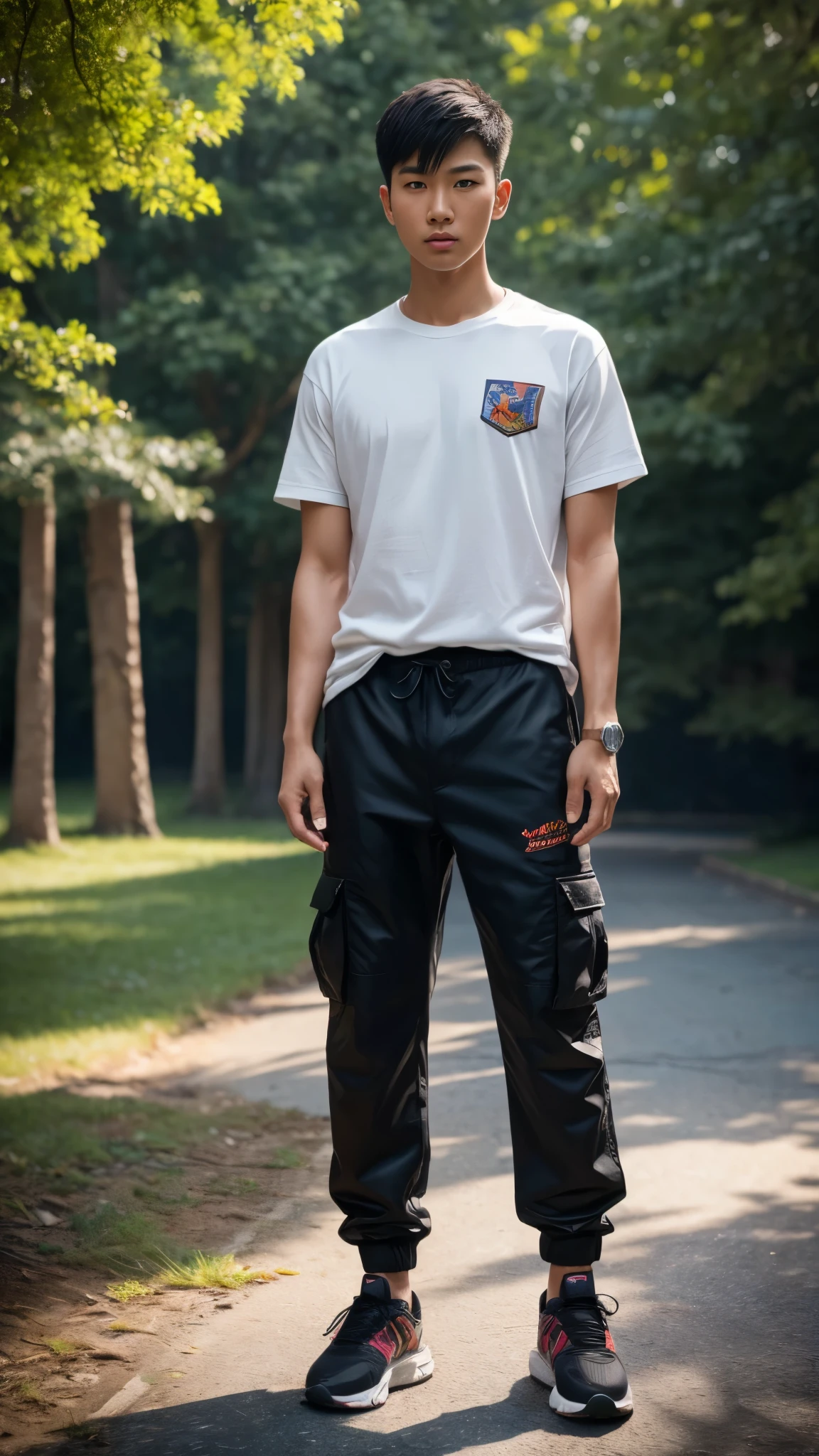 Full body portrait,tall background,asian girl,handsome,detailed face features,pixi cut hair,oversized t-shirt,long cargo pants,sneakers,standing in a park,masculine pose,fierce expression,facing to viewer,body facing to viewer,(best quality,4k,8k,highres,masterpiece:1.2),ultra-detailed,(realistic,photorealistic,photo-realistic:1.37),HDR,UHD,studio lighting,ultra-fine painting,sharp focus,physically-based rendering,extreme detail description,professional,vivid colors,bokeh,portraits