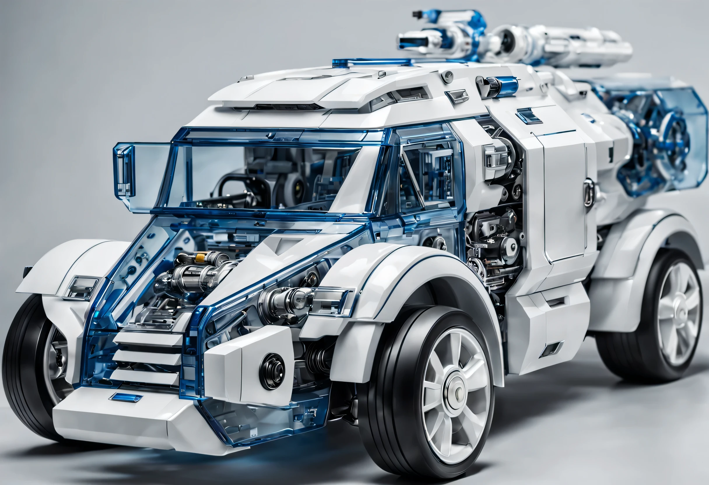 Pure light gray background, A white and blue transparent mechanical armored vehicle , The internal structure is complex and precise,  (Well-designed, high detail, masterpiece, best quality, ultra high definition, Sharpen details),New Jersey RS