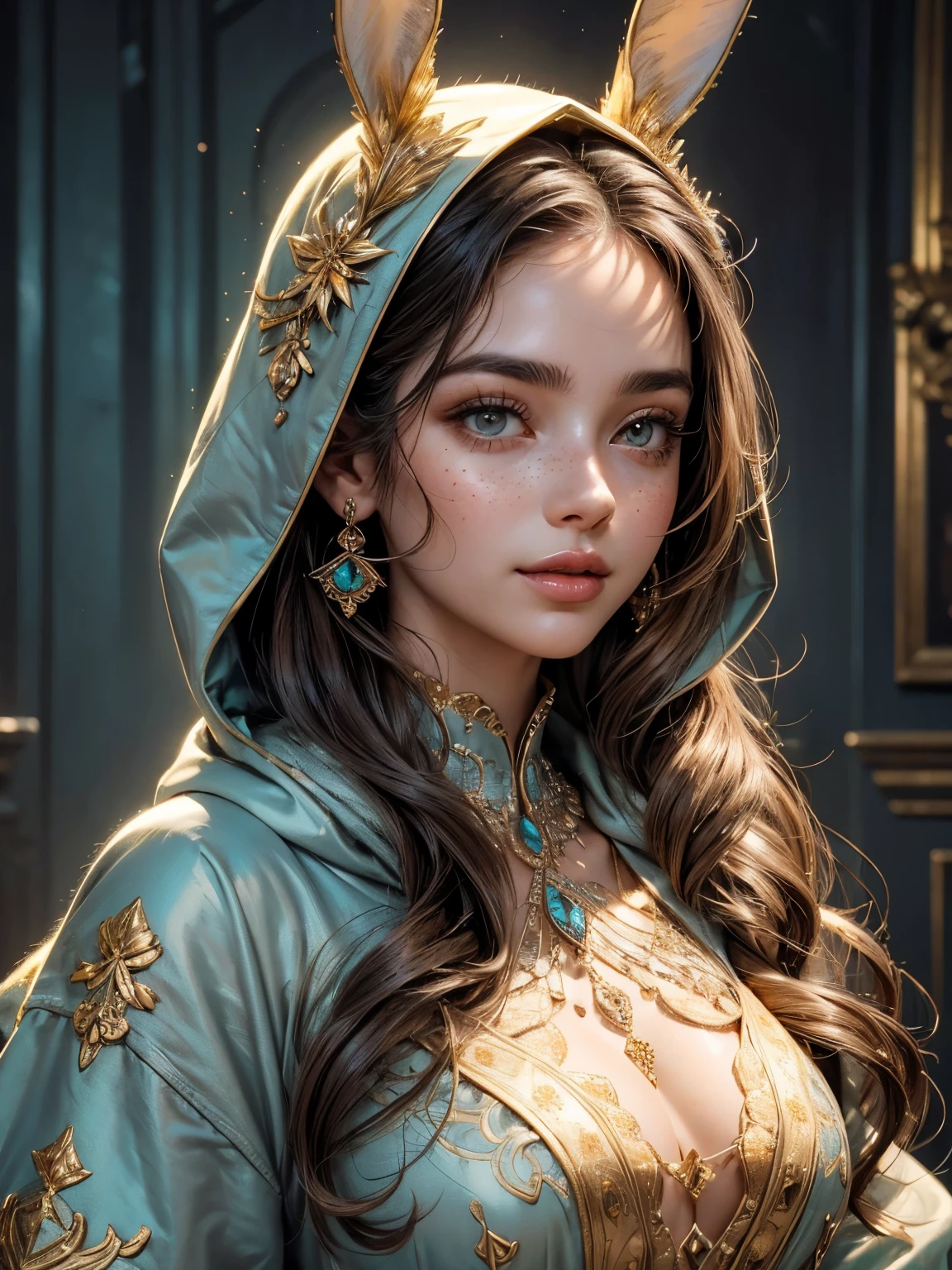 (best quality,highres), beautiful detailed eyes, beautiful detailed lips, extremely detailed eyes and face, long eyelashes, sophisticated features, delicate complexion, vibrant and flawless skin, mesmerizing gaze, cute freckles, elegant eyebrows, rosy cheeks, silky smooth hair, luscious curls, vibrant and shiny golden hair, charming smile, grey moth outfit, hoodie, serene atmosphere, soft and dreamy lighting, magical color scheme with shades of gold, grey, and turquoise, bunny ears, a sense of mystery and elegance, a masterpiece of art capturing the beauty and grace of the sweet short woman.