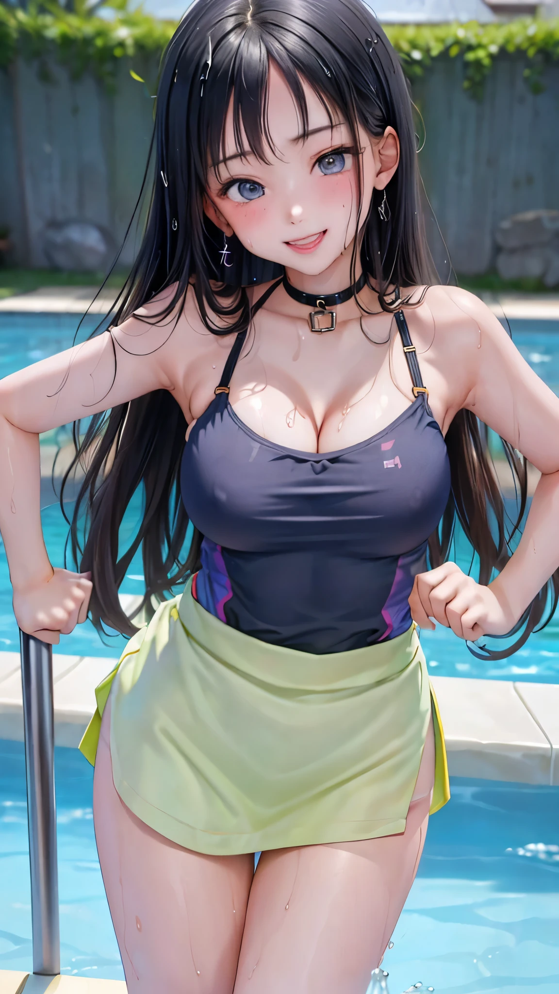 reality、8k、Super high chroma、 girl、face reality、(((Emphasize big breasts and cleavage)))、smile、indoor pool background々sexy pose part 1.5、((()wet with water 1.5)))