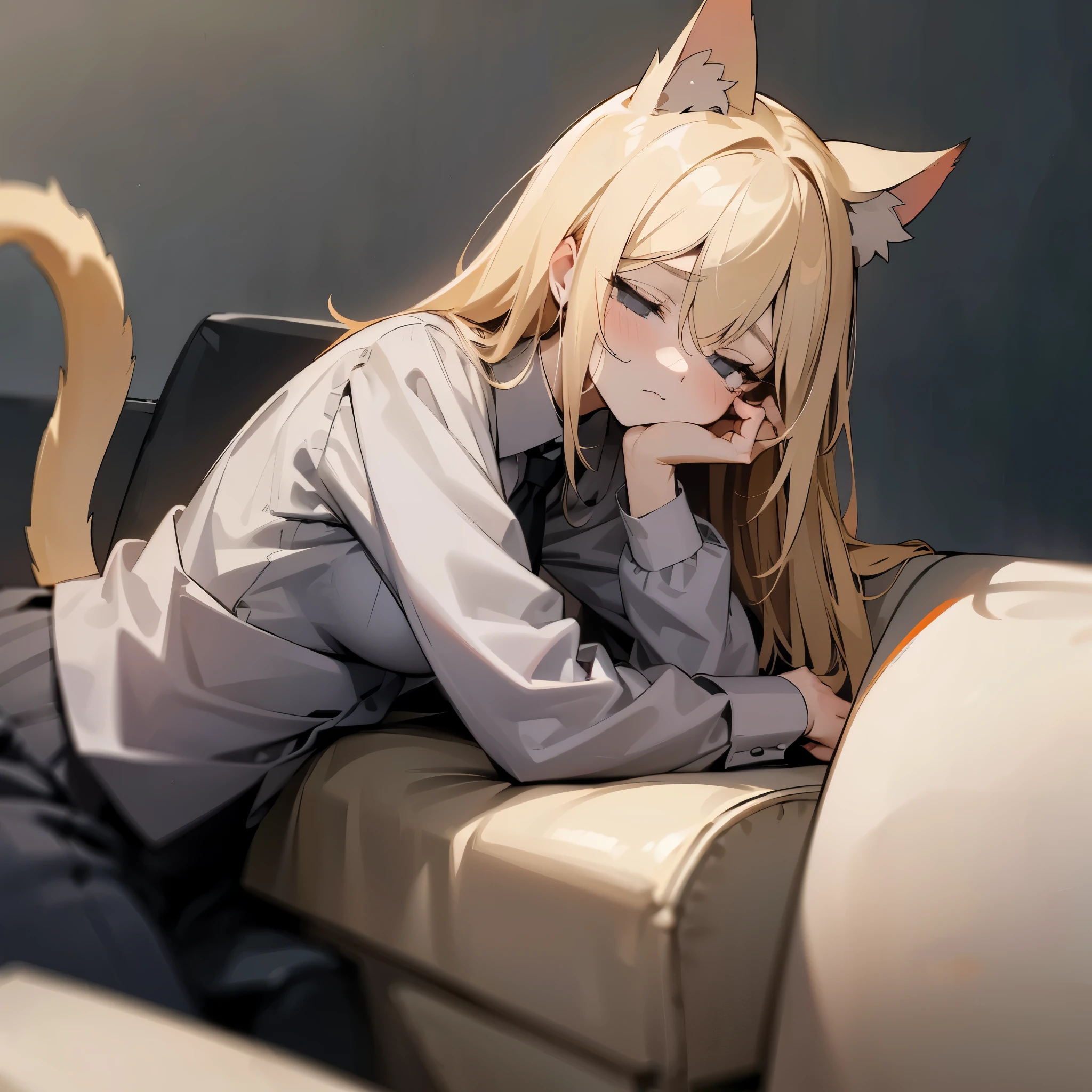 sleepy, tired, tired eyes, dark circles under eyes, tired eyes, sleepy, drunk, blonde hair, long blonde hair, cat ears, cat tail, catgirl, businesswoman, business, grey suit, light pink shirt, greyish tones, dreary couch living room background, grey background, sleepy, dreary background, couch, grey tones