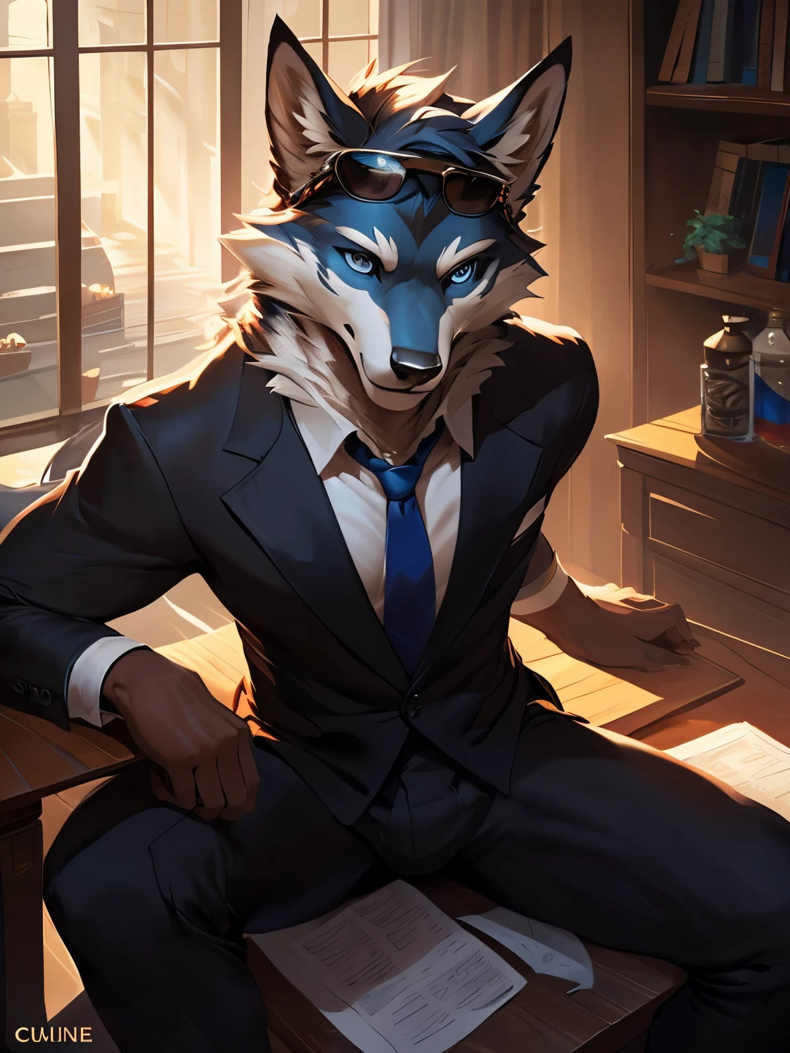 (wolf:1.4), ((anthro)), (female), ((furry)), (detailed fur:1.4), NSFW, hogsks, (photo-realistic), hogwarts, harry potter, (((ravenclaw))), blue scarf, black robe with blue trim, uploaded on e621, by Pixelsketcher, by Bayard Wu, ((by hioshiru)), by Einshelm, by sefeiren, solo, digitigrade, girl, buttoned shirt, white shirt, blue necktie, bottomless, grey fur, classroom, castle, looking up at viewer, sitting on table, ((knees together)), white stockings