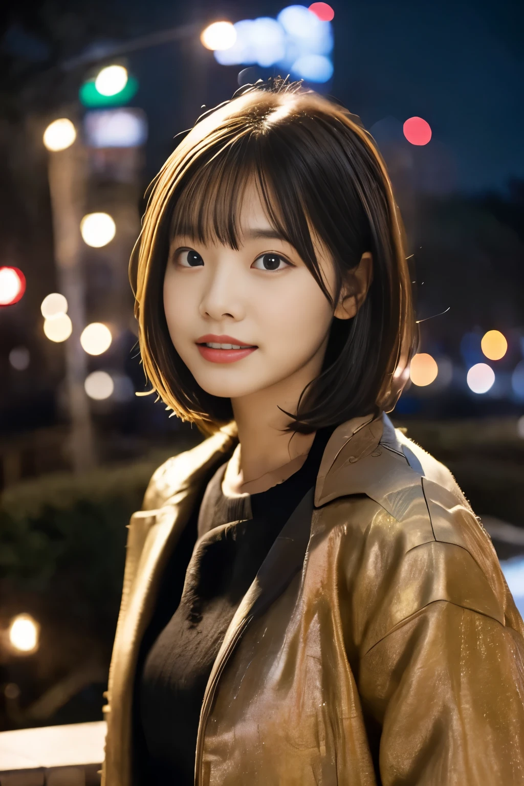 (((City of night:1.3, Photographed from the front))), ((medium bob:1.3, black knit, brown coat, japanese woman, cute)), (clean, natural makeup), (highest quality, masterpiece:1.3, 超High resolution), (Super detailed, caustics), (realistic:1.4, RAW shooting), very detailed, High resolution, 16K resolution