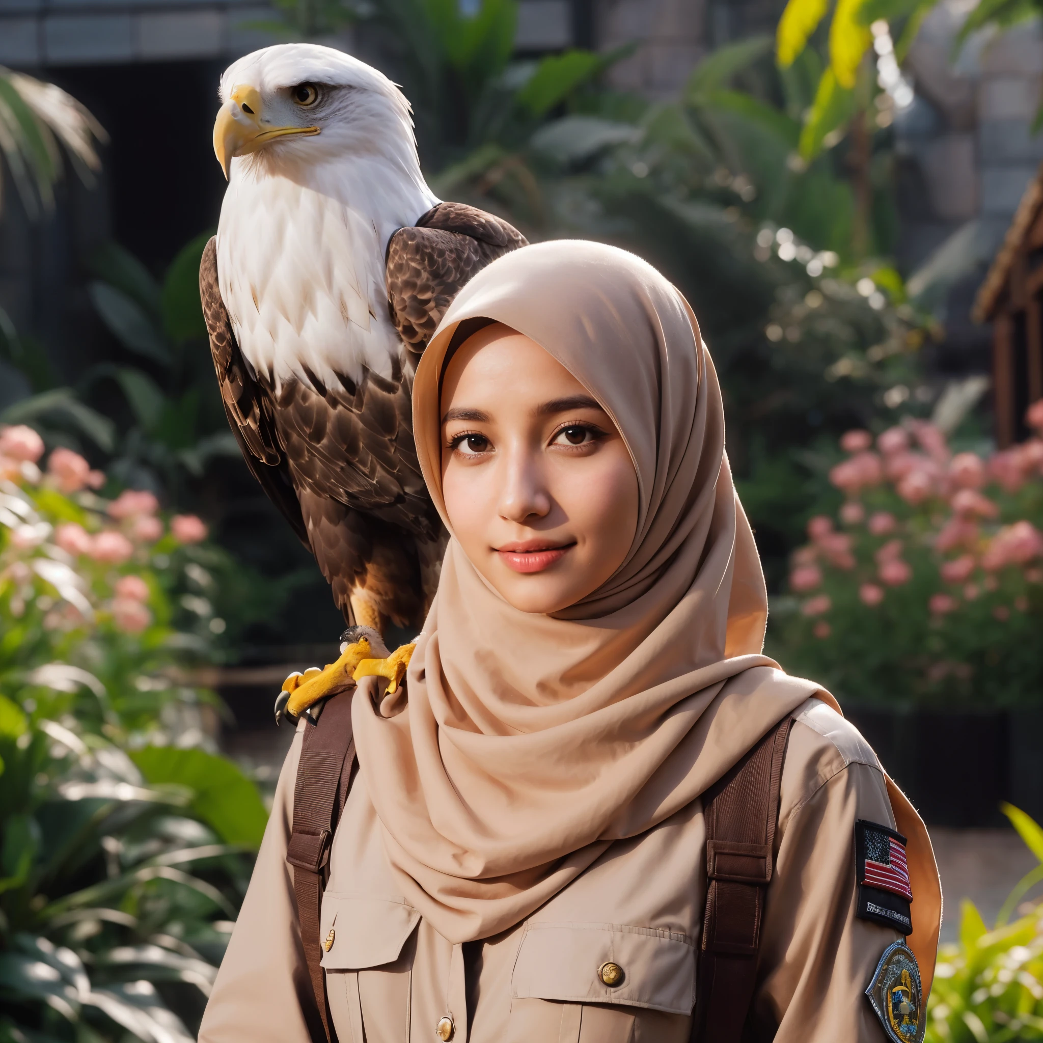 Photography by Peter Kemp, a woman wearing a hijab and wearing a zookeeper's outfit, is standing, on her shoulder there is an eagle, face facing front, face with a slight smile, garden background, very sharp resolution, bright lighting.
