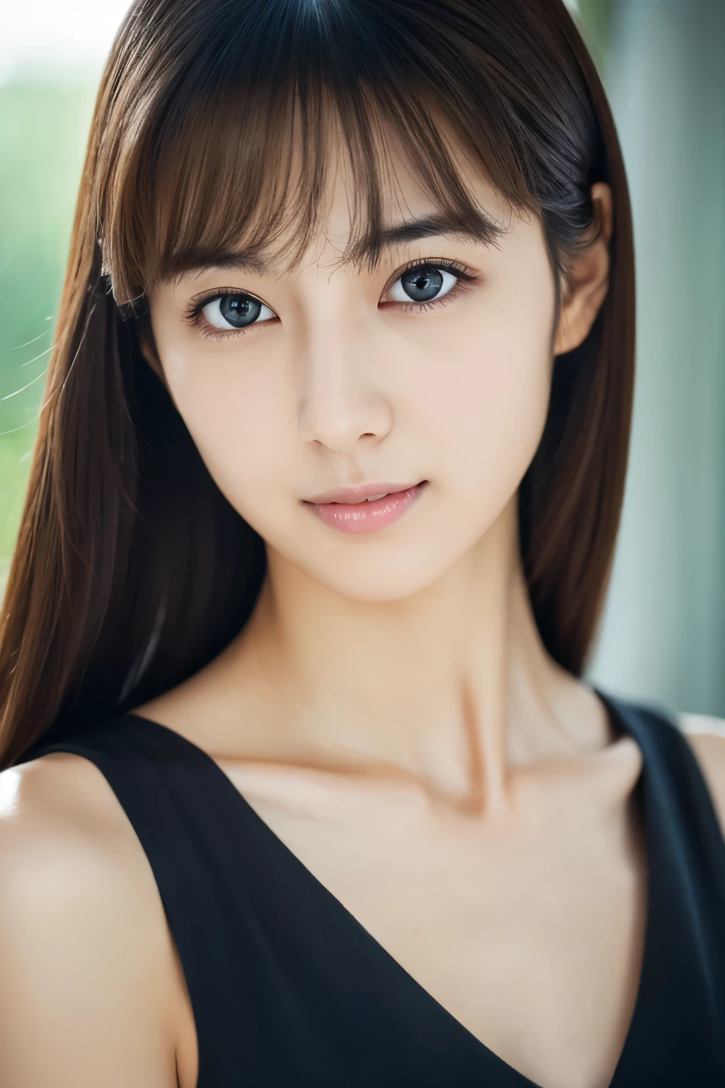 Masterpiece, Best Quality, Photorealsitic, Ultra-detailed, finely detail, high resolution, 8k wallpaper, Professional, high level of detail, 1girl in, Skinny Japanese woman, ((Facing the front)), Detailed clavicle, face perfect, straight hair, (look straight at a camera)