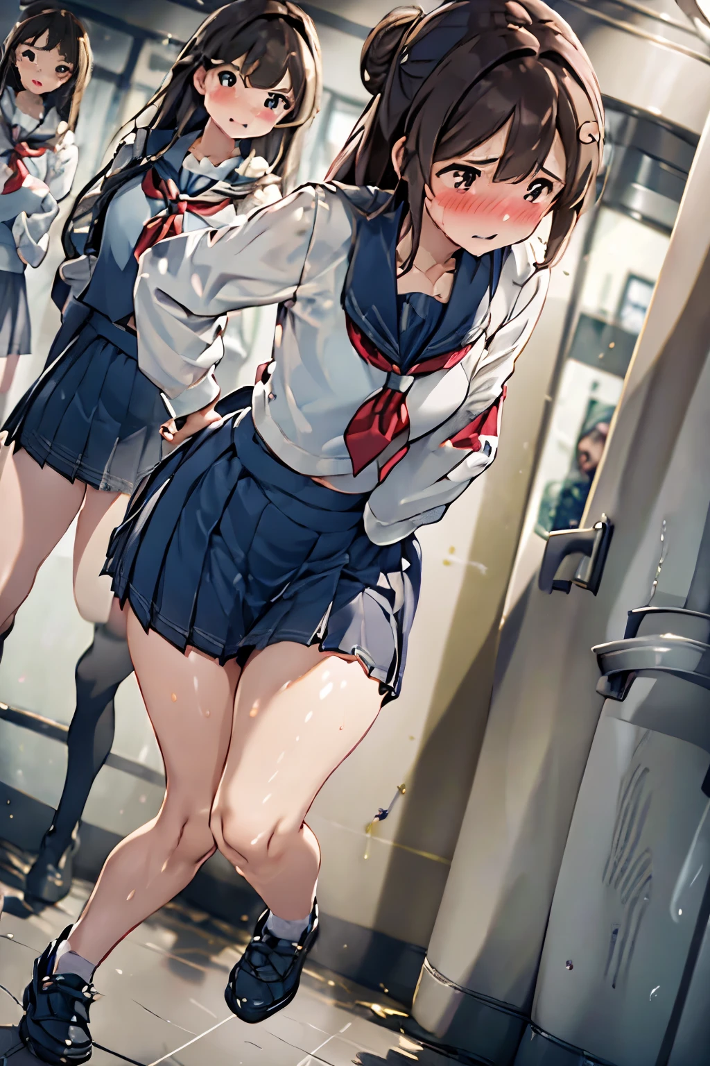 (ultra-detailed, best quality, anatomically perfect body:2), (1 girl, have to pee, very desperate to pee, have to pee:1.3), high school, (girl and other women waiting in line school restroom together:2), (sailor suit, long skirt, shoes, messy bun:1.5), (have to pee:2), (knees together and feet apart), (covering crotch:2), (hand between legs, leaning forward:2), (girl can't stand up straight:1.1), (erotic twist of the body:1.3), (constricted pupils:1.3), (sad, blush:1.8), (fear), (embarrassment:1.4), (flying sweat:1.2), (breathless:1.8), (looking away:1.6), (open month), teeth, (shiny skin), (from below:1.5), (from side:1.1),