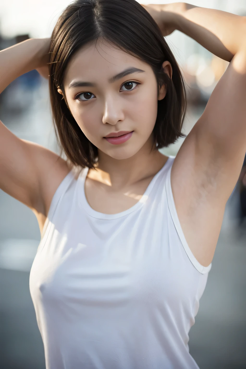 Highly detailed CG Unity 8k wallpaper, highest quality, Super detailed, masterpiece, realistic, photo realistic, Very knowledgeable cute girl, 25 years old, logic, 腹logic, round eyes, viewer, blush, parted lips, half body shot , sportswear , Gym, armpit, short hair,dirty armpit,((腋毛の剃り残しの毛穴がとても目立つarmpit)),skin shining with sweat,