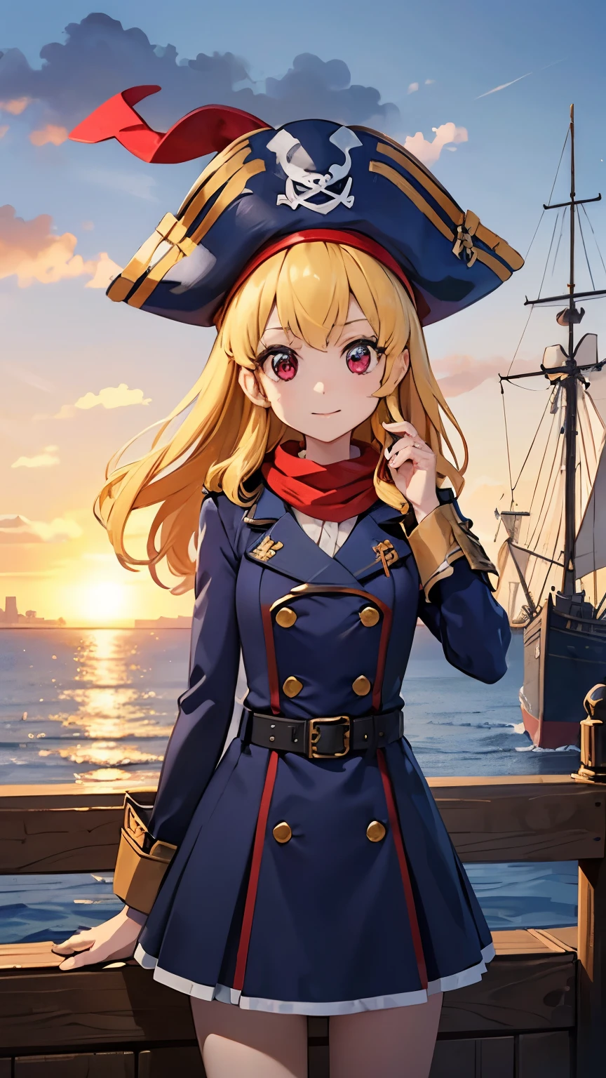 best quality, sharp detailed, (fantasy:1.3), 1woman, solo, 20yo, medium_breasts,
BREAK,
pirate, white blouse, crimson trench coat, crimson corset, white scarf, black mini skirt, belt,pirate hat,
BREAK,
beautiful detailed face and eyes, Blonde hair, long hair, red eyes,(RED Ribbon on pirate hat,:1.2),
BREAK,
(harbor:1.2), (pirate ship:1.2), sea, morning, rising sun, orange skylight, morning sun