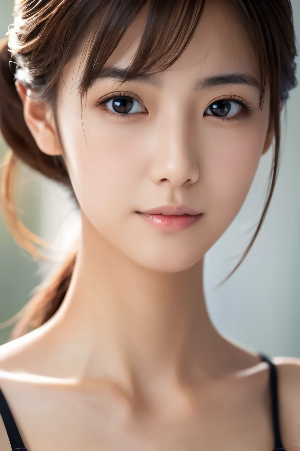 Masterpiece, Best Quality, Photorealsitic, Ultra-detailed, finely detail, high resolution, 8k wallpaper, Professional, high level of detail, 1girl in, Skinny Japanese woman, ((Facing the front)), Detailed clavicle, face perfect, straight hair, (look straight at a camera)