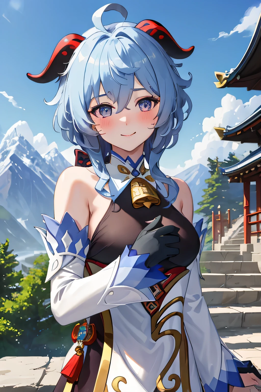 (masterpiece), best quality, expressive eyes, perfect face,Ganyudev, Upper body, Smile, blush, Outdoor activities, sky, simple background, blue sky空, short hair, sky空, temple, looking at the audience, stairs, Mountain, Moody's Lighting,