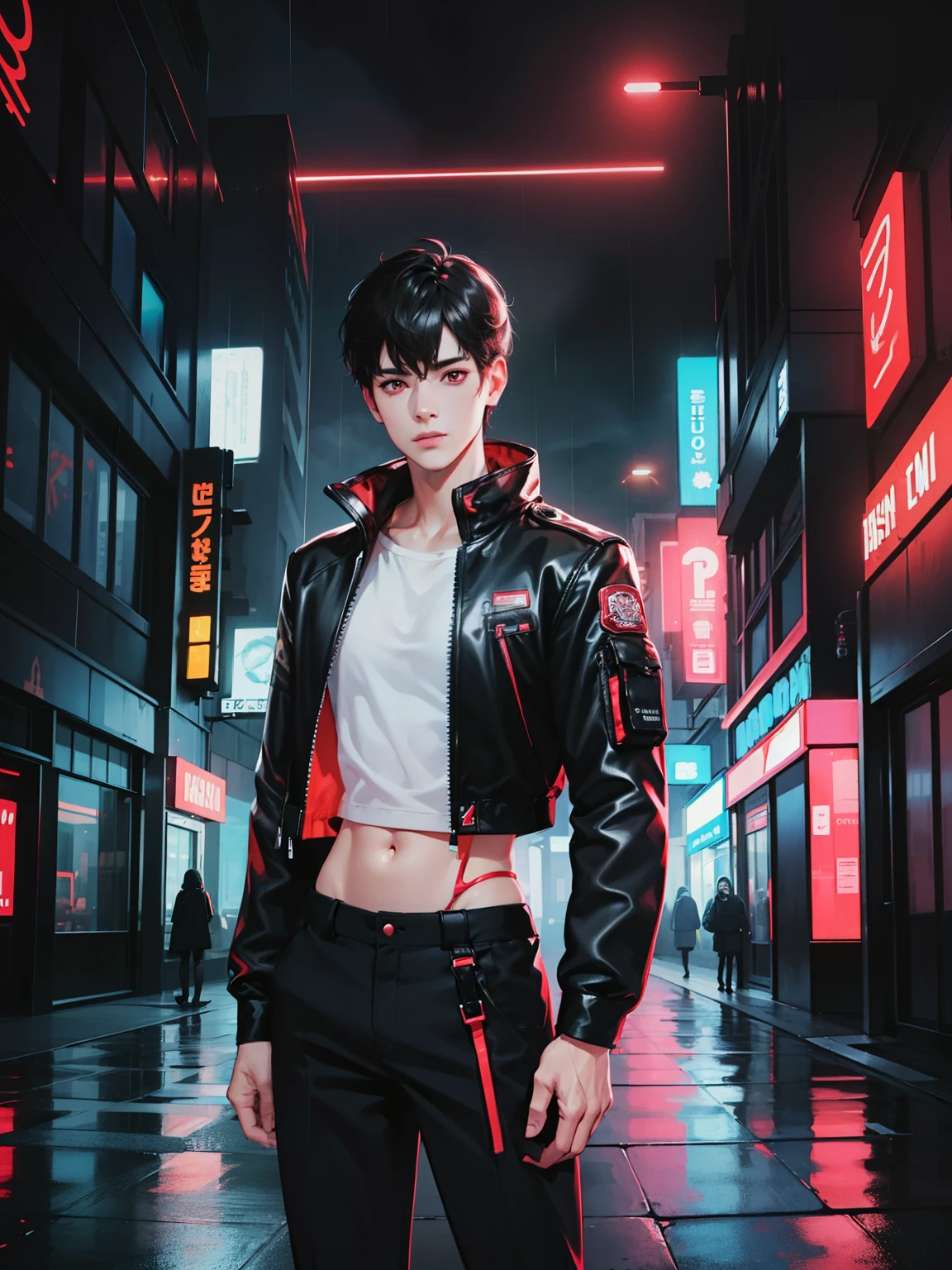 (1male, very short black hair, red eyes, rosy cheeks, pretty face, slim waist), ((detailed face)), cyberpunk, digital art, neon colors, futuristic, urban environment, rain, reflections, night scene, high-tech gadgets, urban fashion