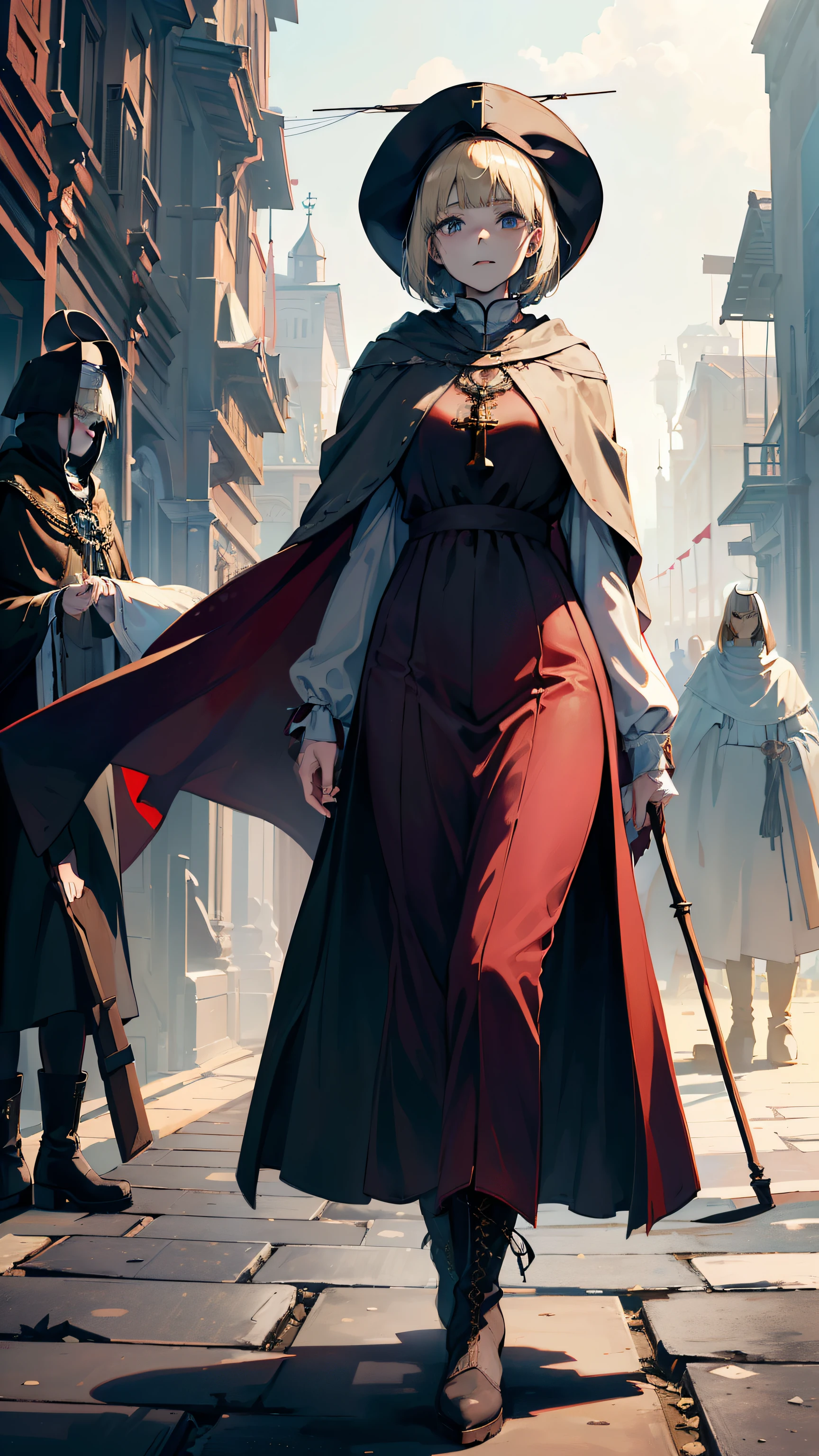 masterpiece, Super detailed, 8K portrait, RAW photo, portrait photography, highly detailed face, beautiful and detailed eyes, ((fantasy)), young and beautiful, dynamic pose, kind face, smile, (((Short bob blonde hair, bangs))), ((priest)), white skin color, simple and simple girl, wooden necklace, Clergy's hat, (((long cloak))) fluttering in the wind, (((dark dull red oversized priest tunic))), (((long skirt)), (((Low boots))), ((Have a long wooden cane)), Large shoulder bag, midday sun, surreal, body model, big breasts, beautiful breasts, long legs, in the crowd, environmental lighting, shadow details , focus the camera on the thighs, strong wind, light fog