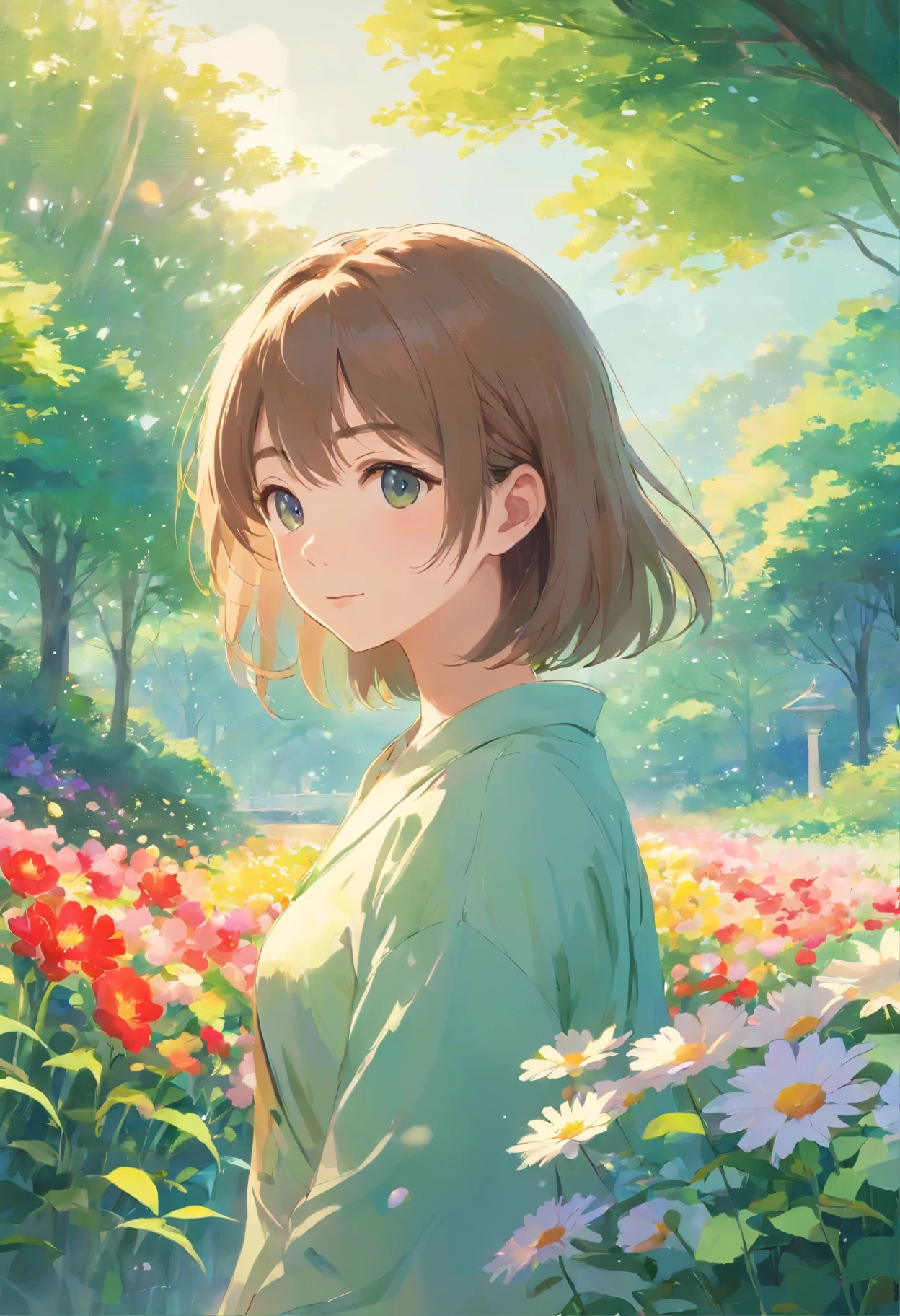  A masterpiece of the highest quality, this ultra-detailed scene captures a serene sky with white clouds, a colorful flower field, and vibrant flowers that symbolize prosperity and  of expression. The artwork features favorite flowers such as roses, tulips, and sunflowers, each with its own rich and varied colors, creating a harmonious and balanced composition that emphasizes the delicate beauty of nature. The painting is a visual impact, capturing the artistic value and appreciation of beauty, love, and longing for life. The serene atmosphere and infinite possibilities convey a sense of tranquility and encourage viewers to explore their own artistic expression. The botanical beauty and Claude Monet influence are evident in the soft lighting, wide-angle lens, and horizontal perspective, which romanticize nature and celebrate its diversity. The dreamy ambiance and poetic composition invite viewers to escape from reality and experience the therapeutic tranquility of nature. The botanical gardens, field of view, and Claude Monet style make this artwork a universal appeal that connects with viewers on an emotional level.