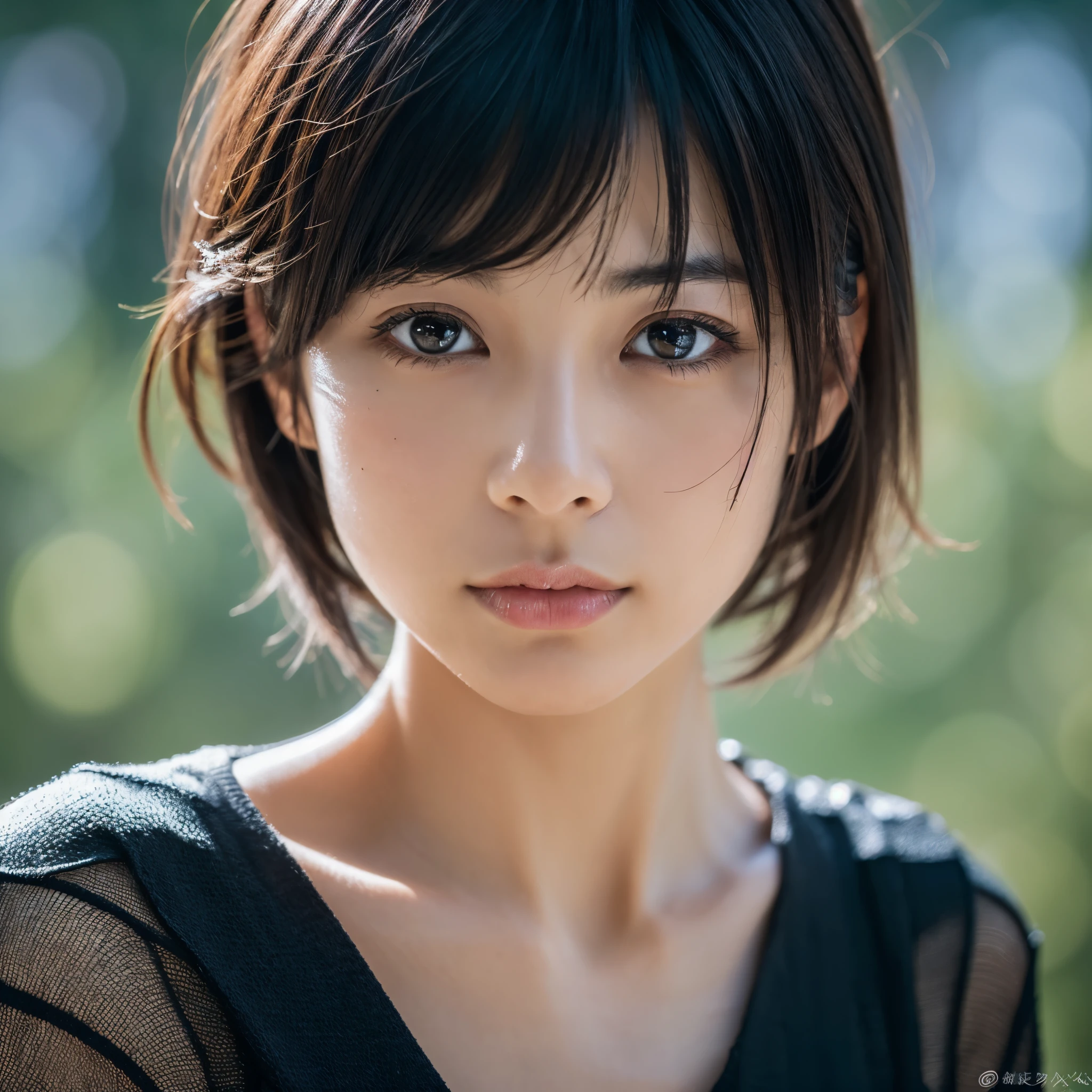 best quality, 8k, RAW photo, photo realistic, detailed face, detailed eyes, 1 girl, solo, Japanese women, (30 years old, thirties), (front view), while background, bobcut hair, black hair,