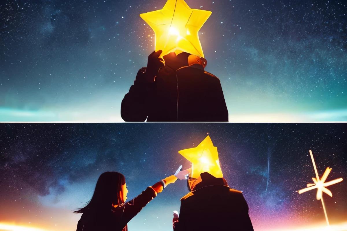 Children's stars become shooting stars、It depicts being reborn as a happy adult star.、hints at a happy future。
