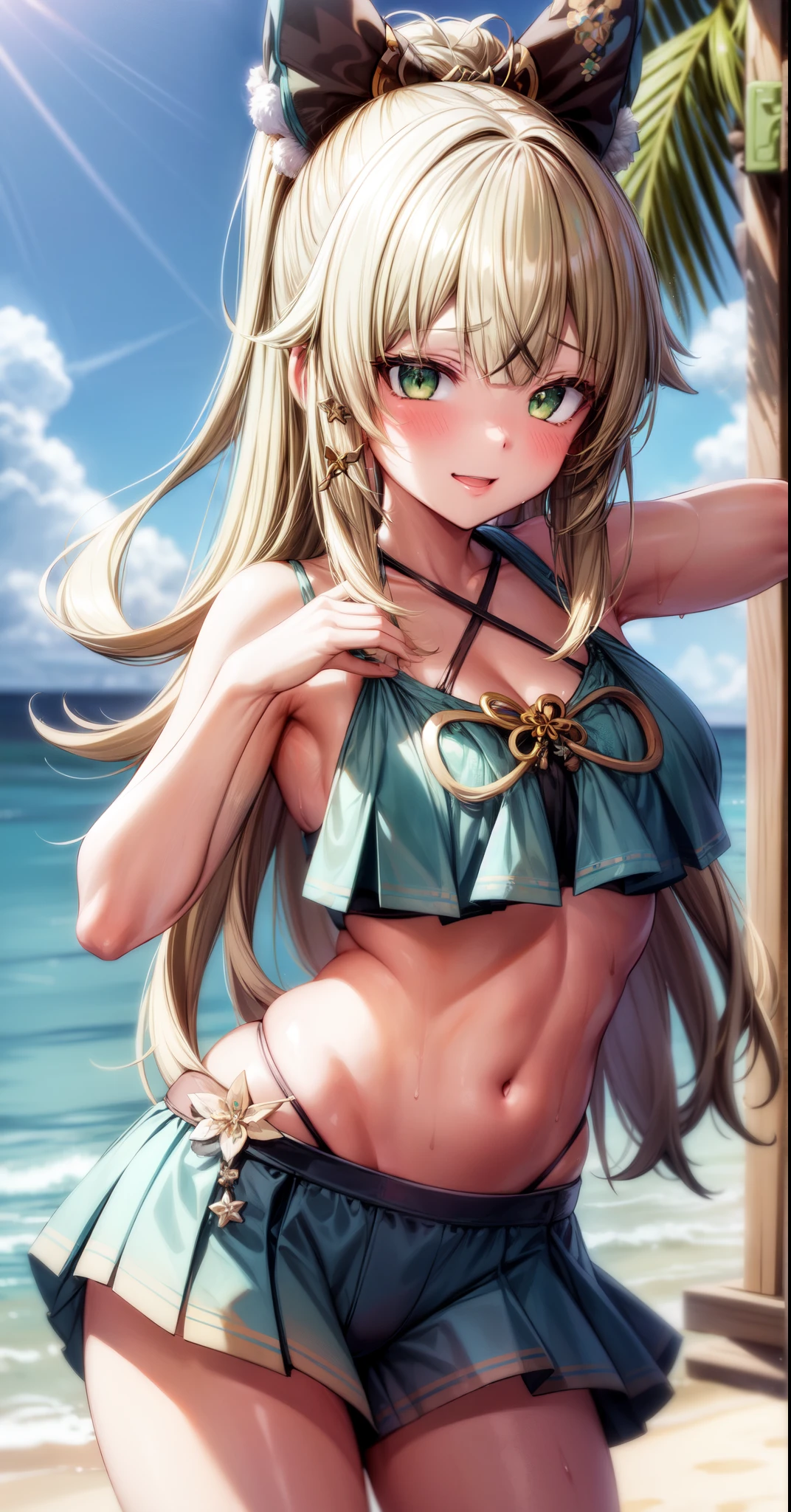 anime, beautiful face, highly detailed face, (highly detailed green eyes:1.2) , highly detailed beach background, best lighting, no shadows, 1girl, solo, outdoors, genshin impact, Kirara, bangs, beautiful long blonde hair, hair ornament, cat ears, absurdres, high res, ultrasharp, 8K, masterpiece, looking at viewer, blushing, (teasing smile:1.2), BREAK (detailed sexy beach bikini:1.4), (sexy pose:1.2), (hands behind head:1.35)