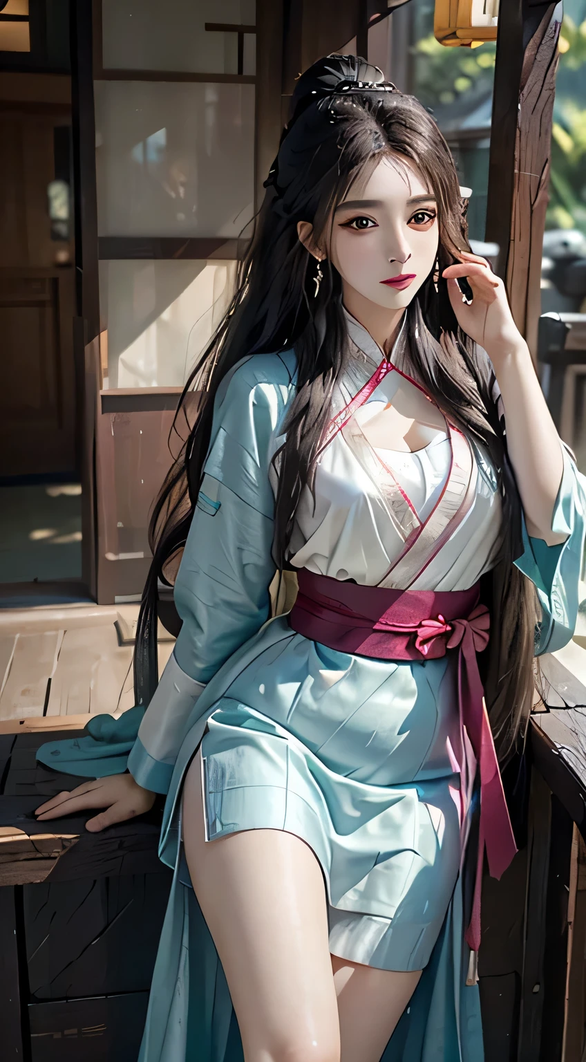 lifelike, high resolution, colorful, color splash, splash, 1 girl, alone, Buttocks up, beautiful eyes, long hair, medium chest, Complex Jinqi Hanfu, Gorgeous accessories, wearing pearl earrings