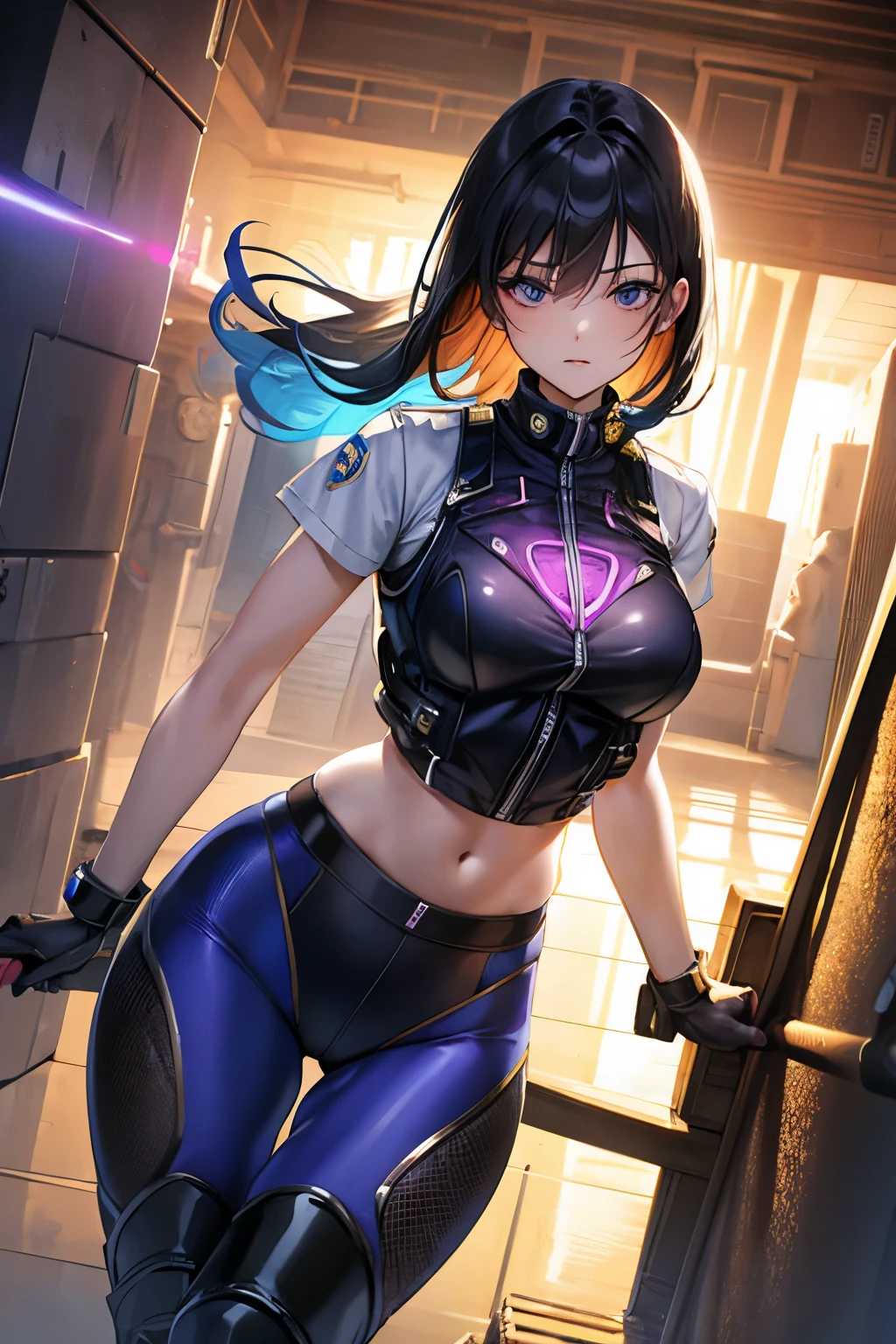 female police, super thigh police suit, original character, masterpieces, 16k resolution,vibrant colors, dramatic lighting, police vest, long sport pant, panties