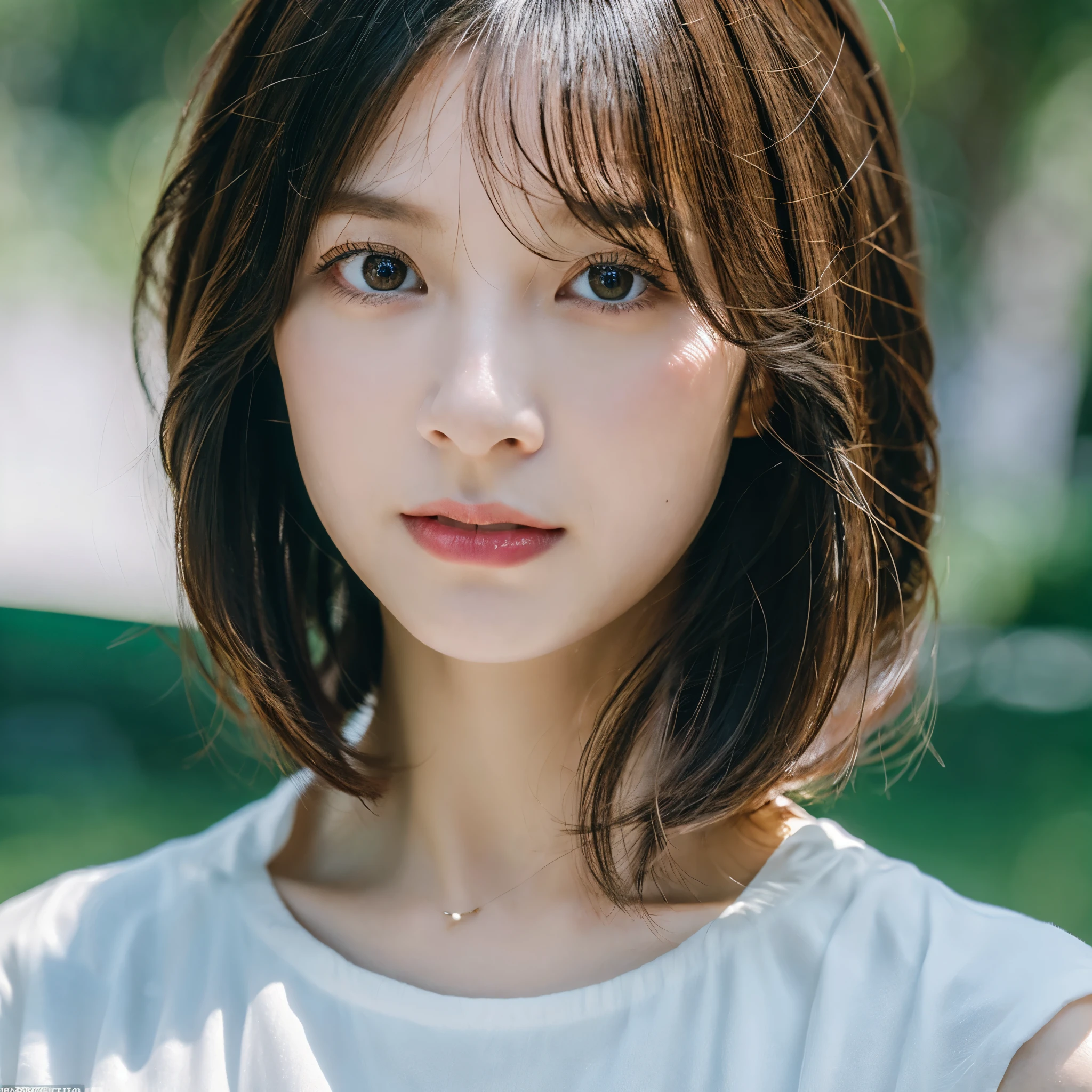 best quality, 8k, RAW photo, photo realistic, detailed face, detailed eyes, 1 girl, solo, (30 years old), (thirties, front view), while background, bobcut hair, black hair,