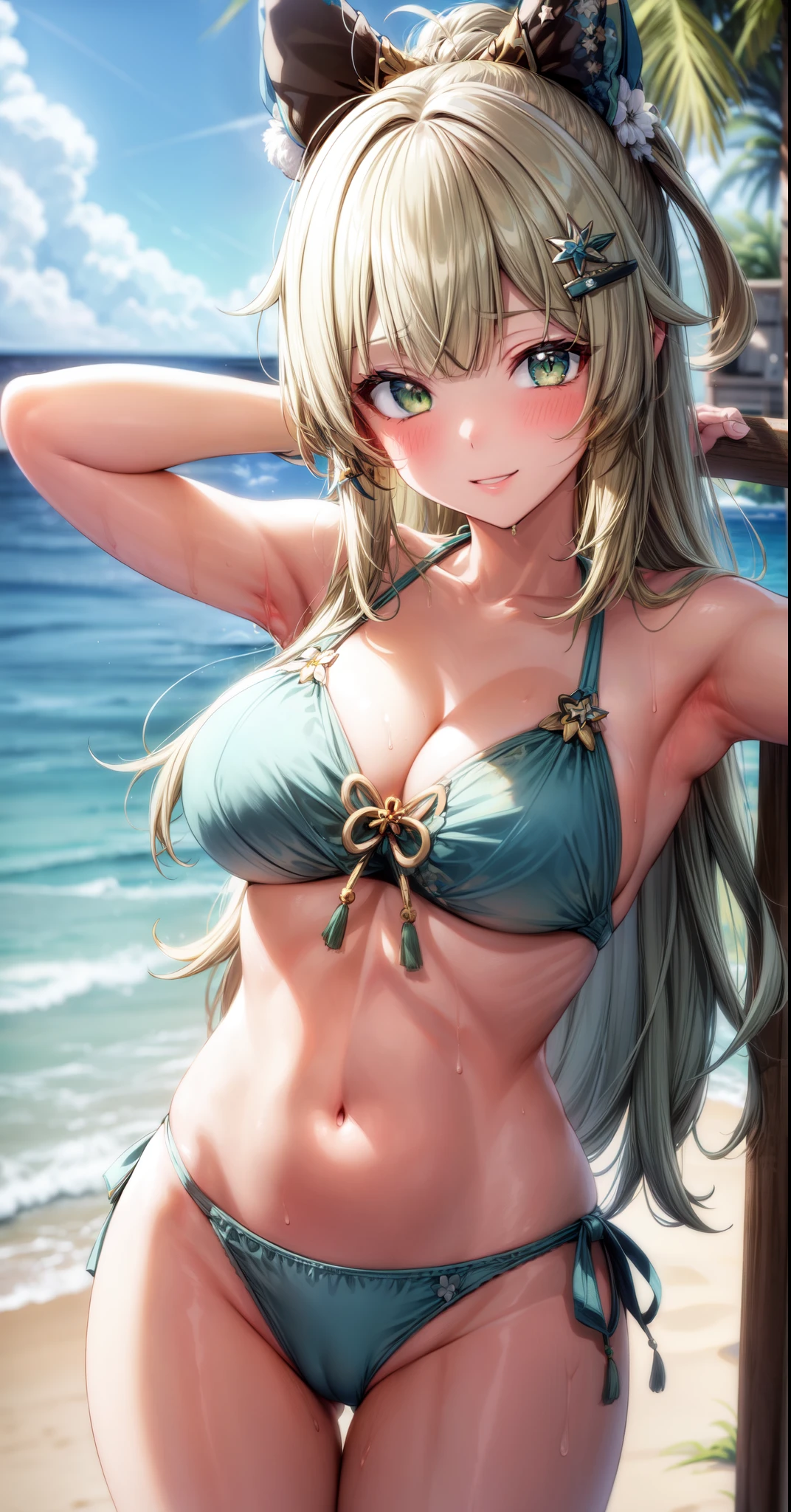anime, beautiful face, highly detailed face, (highly detailed green eyes:1.2) , highly detailed beach background, best lighting, no shadows, 1girl, solo, outdoors, genshin impact, Kirara, bangs, beautiful long blonde hair, hair ornament, cat ears, absurdres, high res, ultrasharp, 8K, masterpiece, looking at viewer, blushing, (teasing smile:1.2), BREAK (detailed ???? beach ??????:1.4), (???? pose:1.2), close up, (hands behind head:1.35)