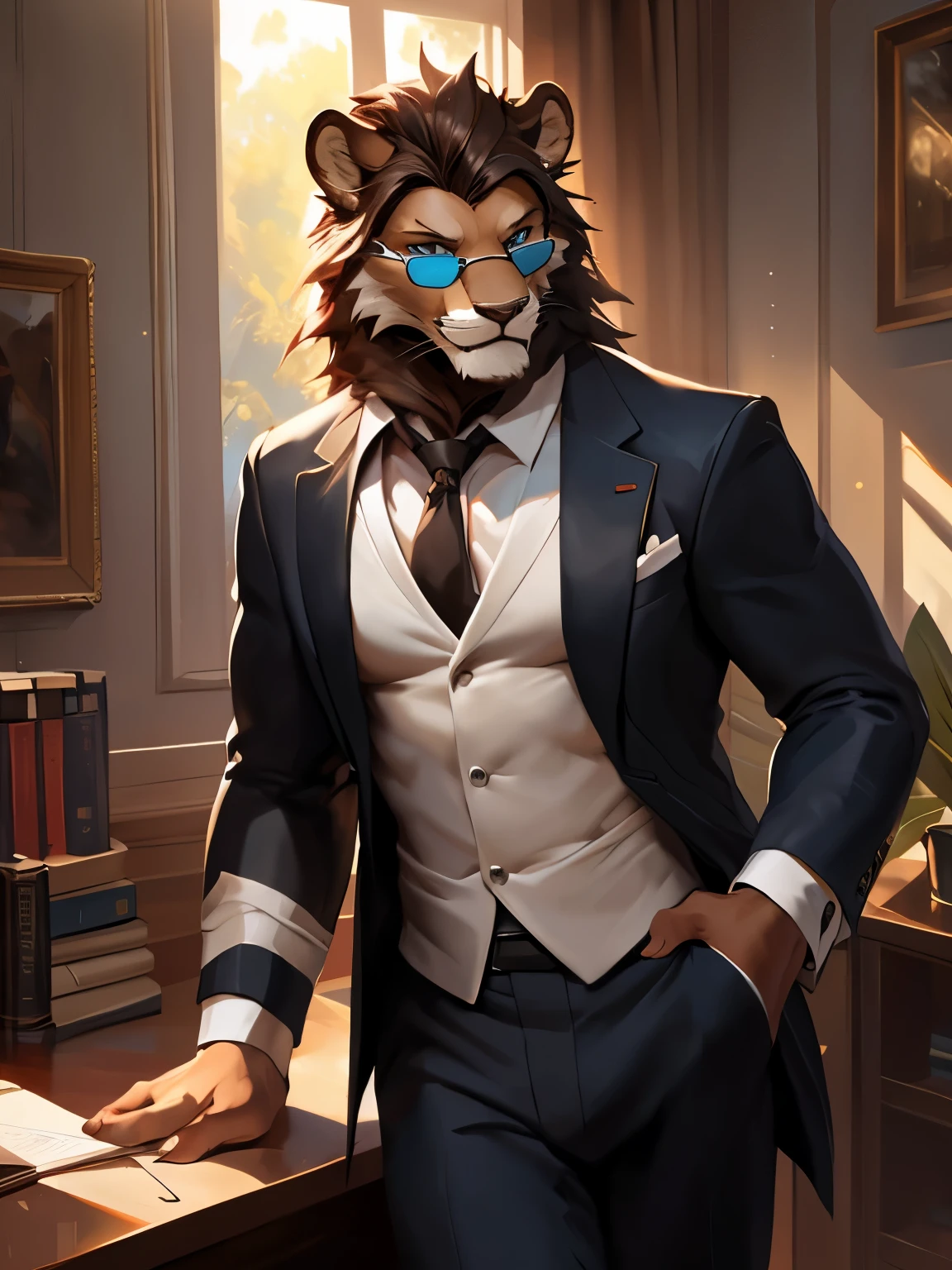 4k, high resolution, best quality, perfect colors, perfect shadows, perfect lighting, posted on e621, (by Chunie, by canyne khai, by t.y.starale), male, adult, furry, Lion anthro, white fur, blue eyes, sunglasses, (Realistic eye details 1.2), white business suit wear, in the office, ABS, Full body like, Slim body, V0id3nergy, Masterpiece, dramatic lighting, soft lighting, day, highly detail, Hair coiled, ((Bonifasko lighting)), (Detailed eyes), perfect pupils, detail eyes, detail fluffy fur, (seductive face:1.2), fit body, long shot camera, Looking at the camera,, fit body, perfect male figure, Detailed fur, Detailed face, Perfect face, Detailed background, (Complex), (Super Detail), (Ultra Clear), (Best Quality)