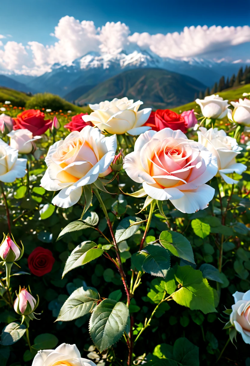 Endless rose fields(best quality,4k,8k,high resolution,masterpiece:1.2),Super detailed,The distribution of roses in different colors in a large flower field landscape..distant mountains.Blue sky and white clouds.Sunny.Fresh and bright light and shadow.Picturesque. There are fresh and obvious roses in the close shot(actual,photoactual,photo-actual:1.37),(best quality), (super detailed), (Best Illustration),(Best light and shadow),Art Deco, concept art, , Luminism, Ray tracing, contour, Vignetting, mail, First-person perspective, Wide-angle lens, ultra high definition, anatomically correct, Super details, best quality