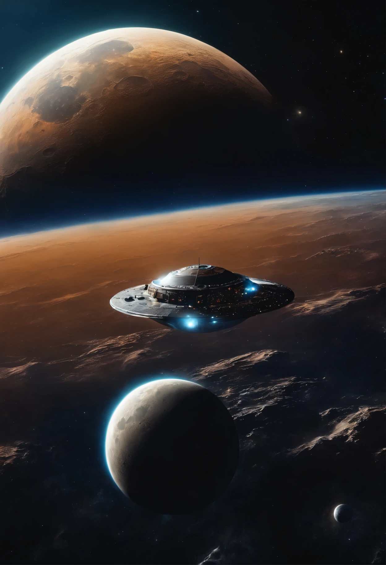 outer space,big moon shining in space,mysterious,a spaceship is floating