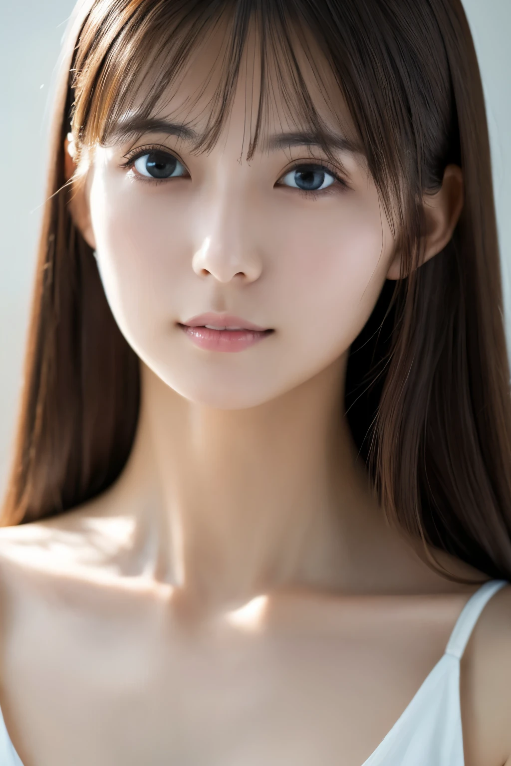 Masterpiece, Best Quality, Photorealsitic, Ultra-detailed, finely detail, high resolution, 8k wallpaper, Professional, high level of detail, 1girl in, Skinny Japanese woman, ((Facing the front)), Detailed clavicle, face perfect, straight hair, (look straight at a camera)