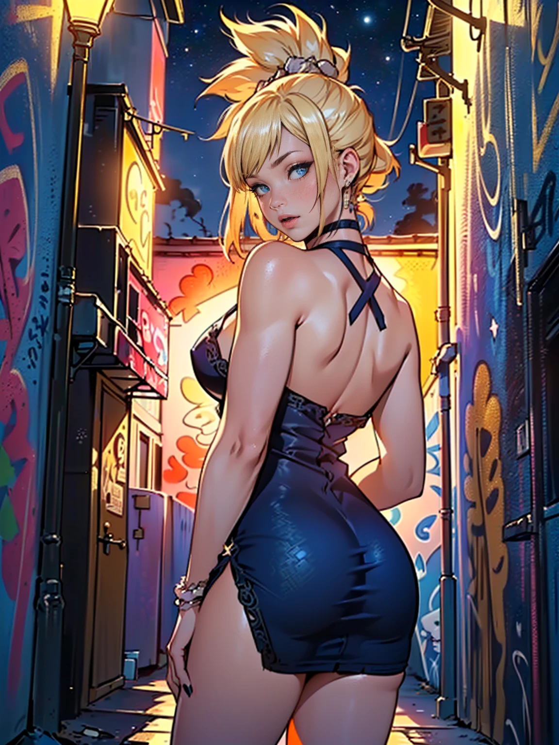 (((back), pink lipstick, Extremely detailed, ambient soft lighting, 4k, perfect eyes, a perfect face, perfect lighting, a 1girl)), austere, ((high hell, stiletto high heels, (orange dress, crochet bodycon dress, sleeveless, halter, single front), bodycon dress)), night sky, clouds, (graffiti alley, graffiti walls, in an alley, night, moonlight, starry night), (((austere, ((masterpiece, cowboy shot, intricate, highly detailed, 1girl)))), ((kohaku, blonde hair, blue eyes, kawai, cute, portraits, vivid colors, soft lighting))