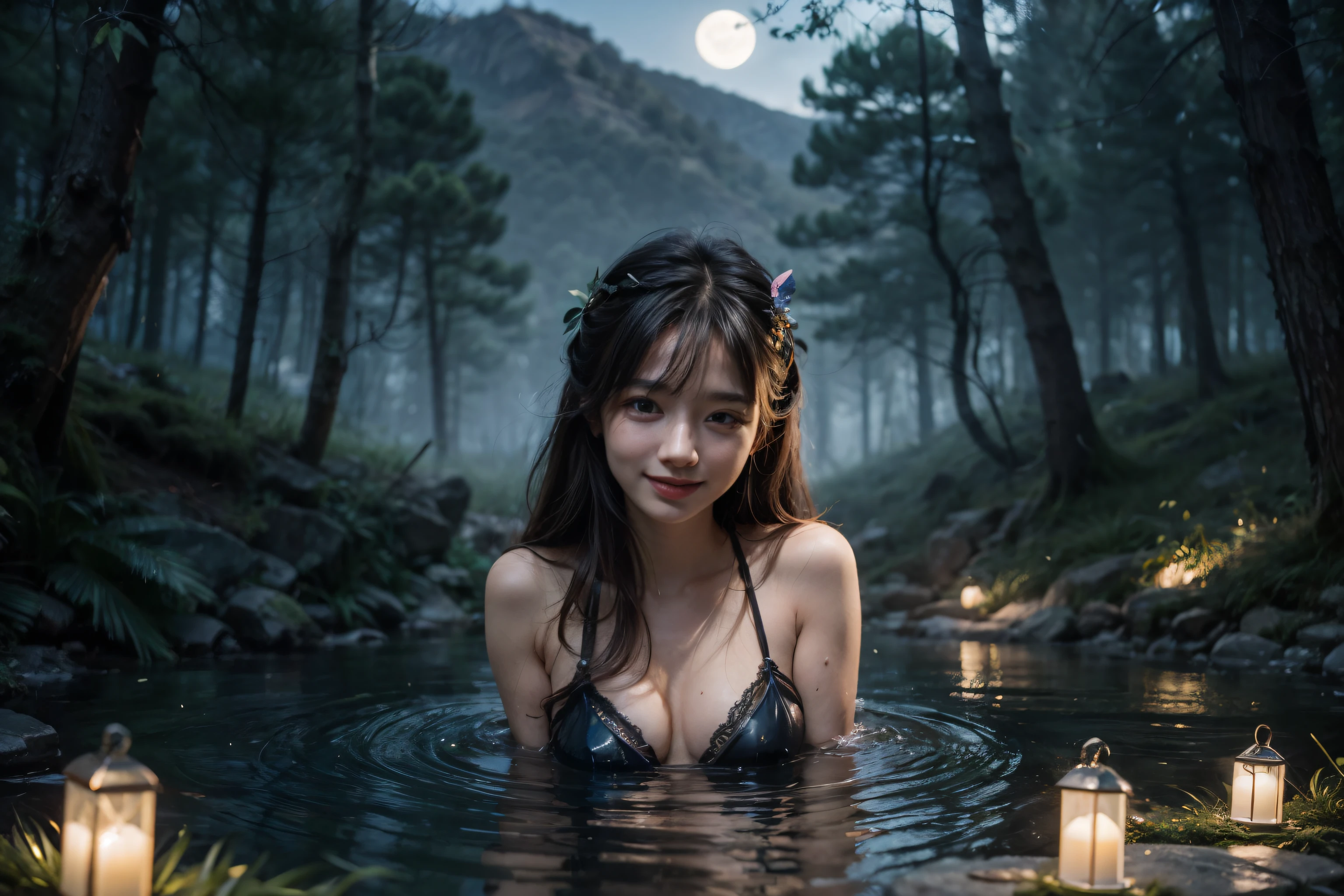 In a vast forest under the moonlight, a beautiful nymph swimming in the pond surrounded by a thick forest and high mountain, detailed face, detailed skin, detailed texture, detailed environment, seductive smile