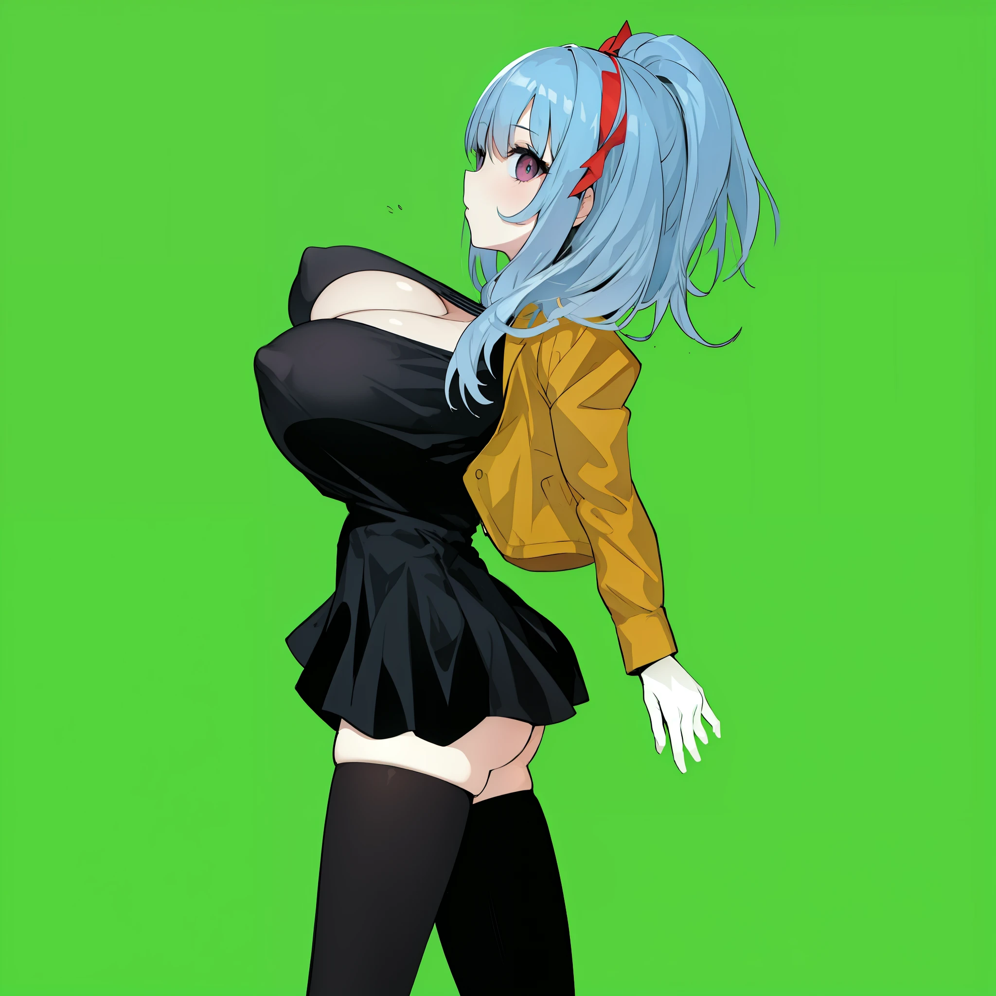1 skinny girl, solo, light blue hair, side face, BREAK, red headband, BREAK, (dark purple eye:1.4), bending back, looking at viewer, BREAK, black plunging neckline short dress, dark yellow cropped jacket, black thighhighs, BREAK, (bouncing unaligned long huge breasts:1.5), very short torso, (inconceivably narrow waist), thin long legs, BREAK, (show off crotch:1.4), BREAK, strong wind, (slipping hip)