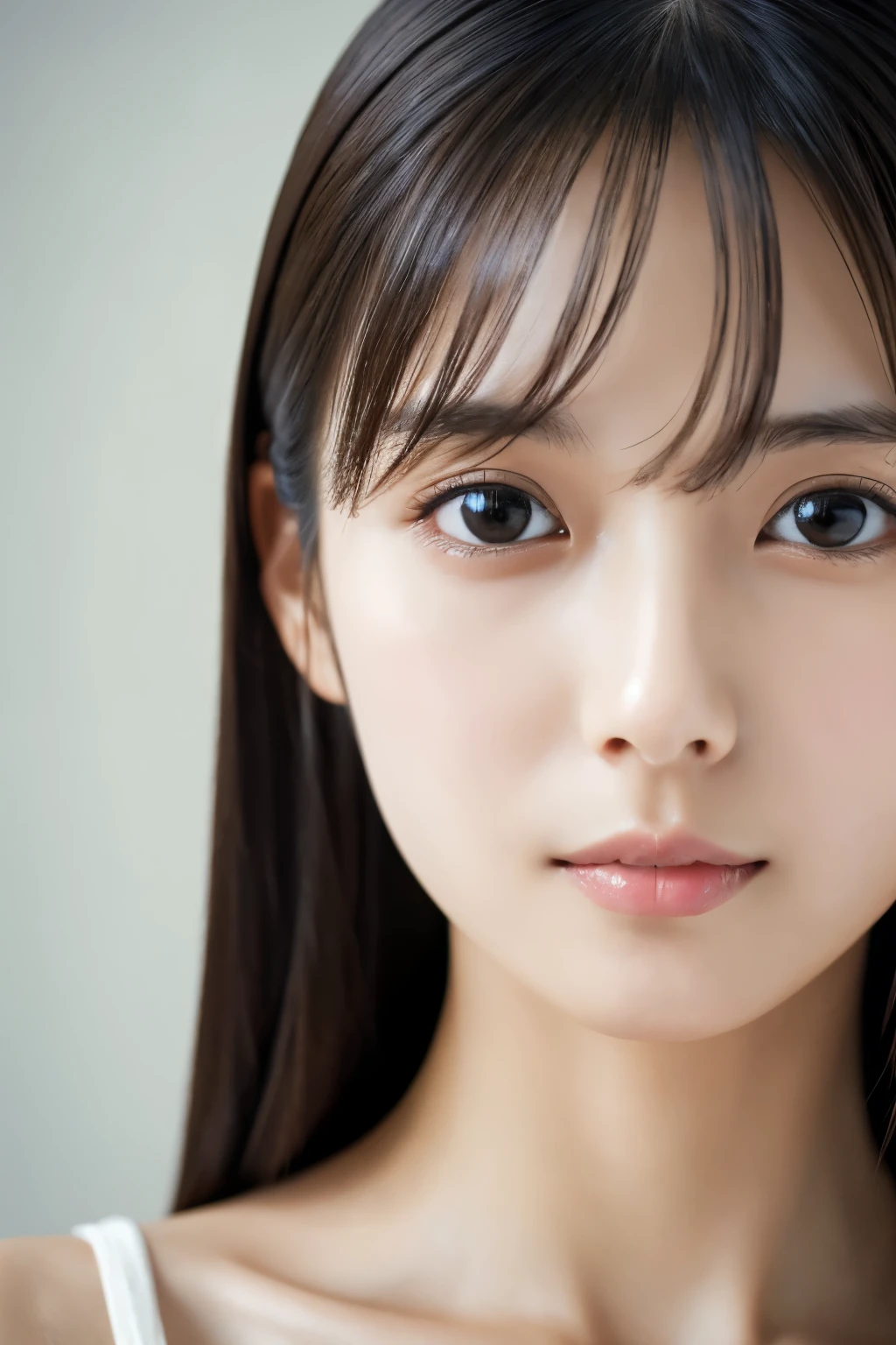 Masterpiece, Best Quality, Photorealsitic, Ultra-detailed, finely detail, high resolution, 8k wallpaper, Professional, high level of detail, 1girl in, Skinny Japanese woman, ((Facing the front)), Detailed clavicle, face perfect, straight hair, (look straight at a camera)