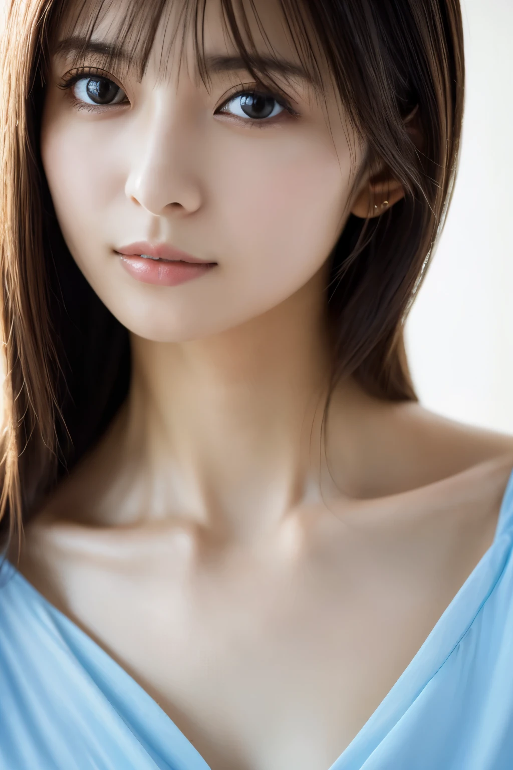 Masterpiece, Best Quality, Photorealsitic, Ultra-detailed, finely detail, high resolution, 8k wallpaper, Professional, high level of detail, 1girl in, Skinny Japanese woman, ((Facing the front)), Detailed clavicle, face perfect, straight hair, (look straight at a camera)