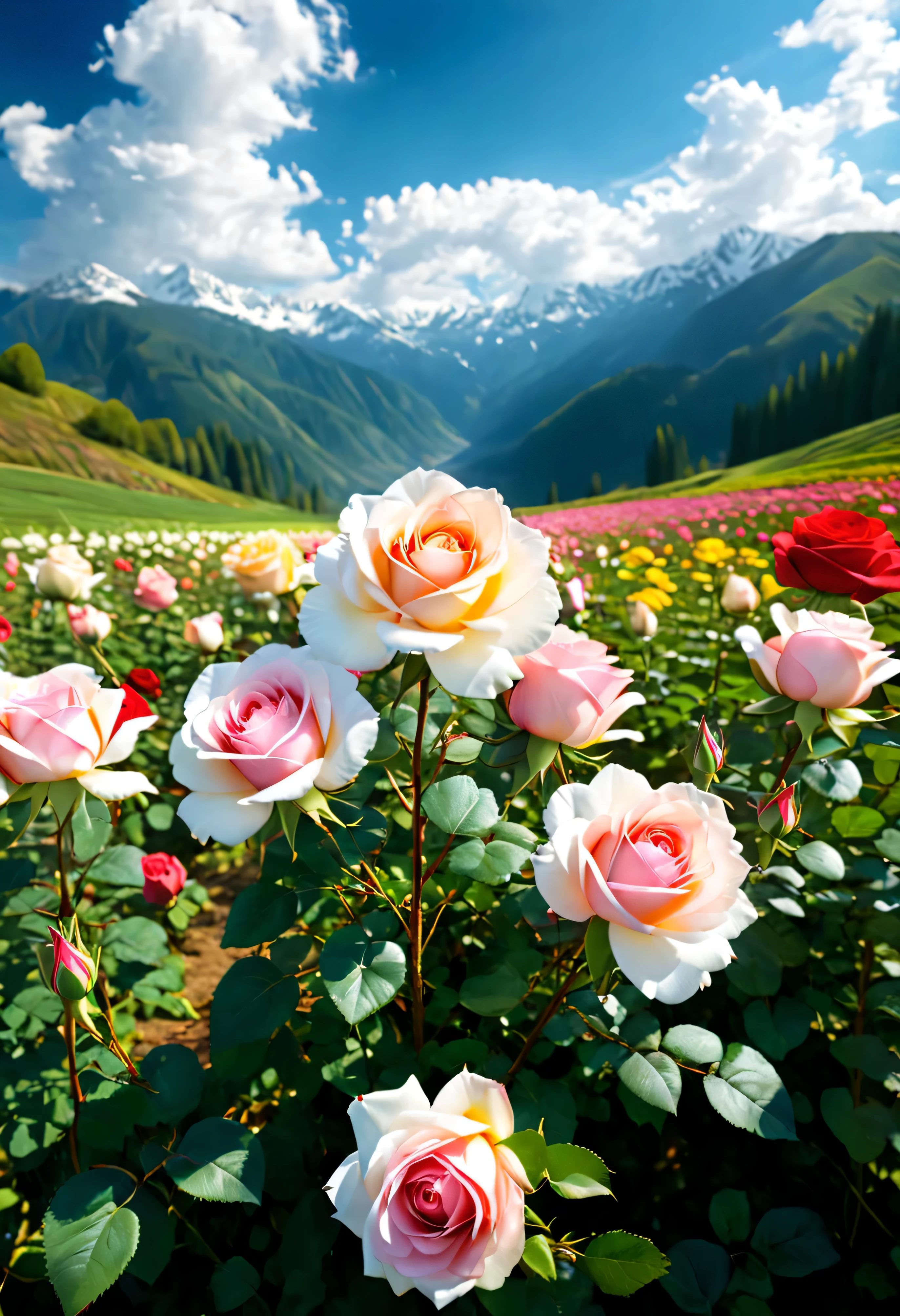 Endless rose fields(best quality,4k,8k,high resolution,masterpiece:1.2),super detailed,Distribution of roses of different colors in large flower field landscape..distant mountains.Blue sky and white clouds.sunny.Fresh and bright light and shadow.picturesque. There are fresh and obvious roses in the close shot(actual,photoactual,photo-actual:1.37),(best quality), (super detailed), (Best Illustration),(Best light and shadow),Art Deco, concept art, , Luminism, Ray tracing, contour, Vignetting, mail, First-person perspective, Wide-angle lens, ultra high definition, anatomically correct, Super details, best quality