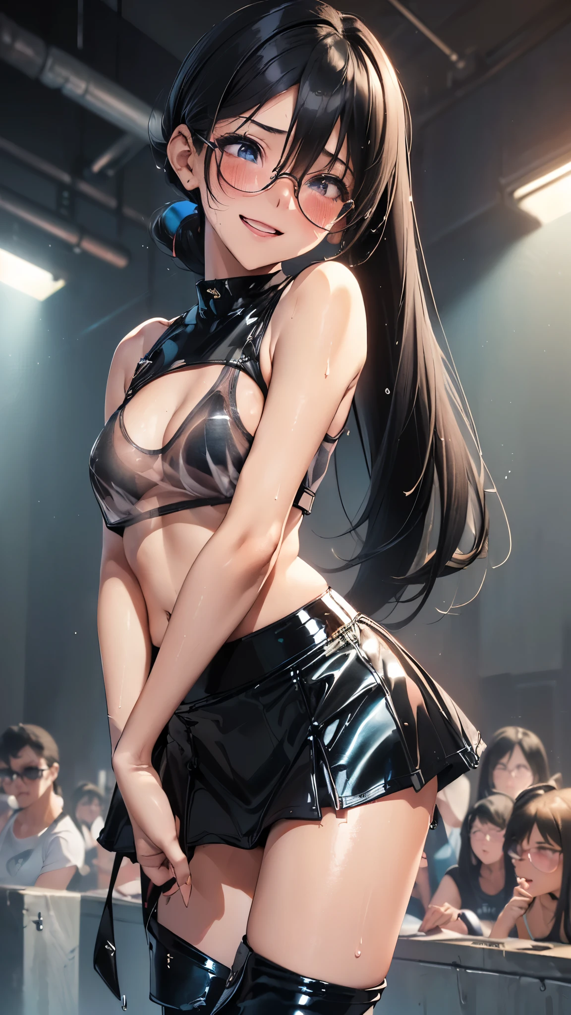 1 female,black hair,25 years old,(((blue shiny micro tight skirt)))((white tank top))(((blush、open mouth smile)),(((straight hair))),(((portrait))),crowd,,(wet with sweat)(sexy black bra and see-through tank top)(Glasses)(((small breasts)))((low ponytail))leather thigh high boots