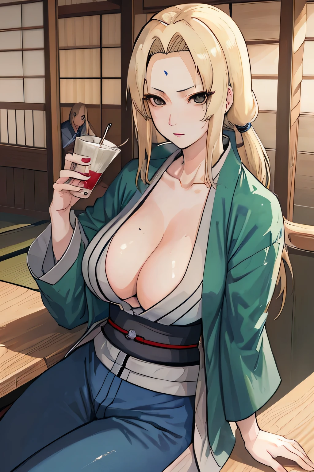 (masterpiece), best quality, expressive eyes, perfect face,Tsunade, blonde hair, big breasts, mature women, blue pants, green coat, chest bandage,Tsunade, japanese clothes, sash, jacket,bar, sit at the table, drink