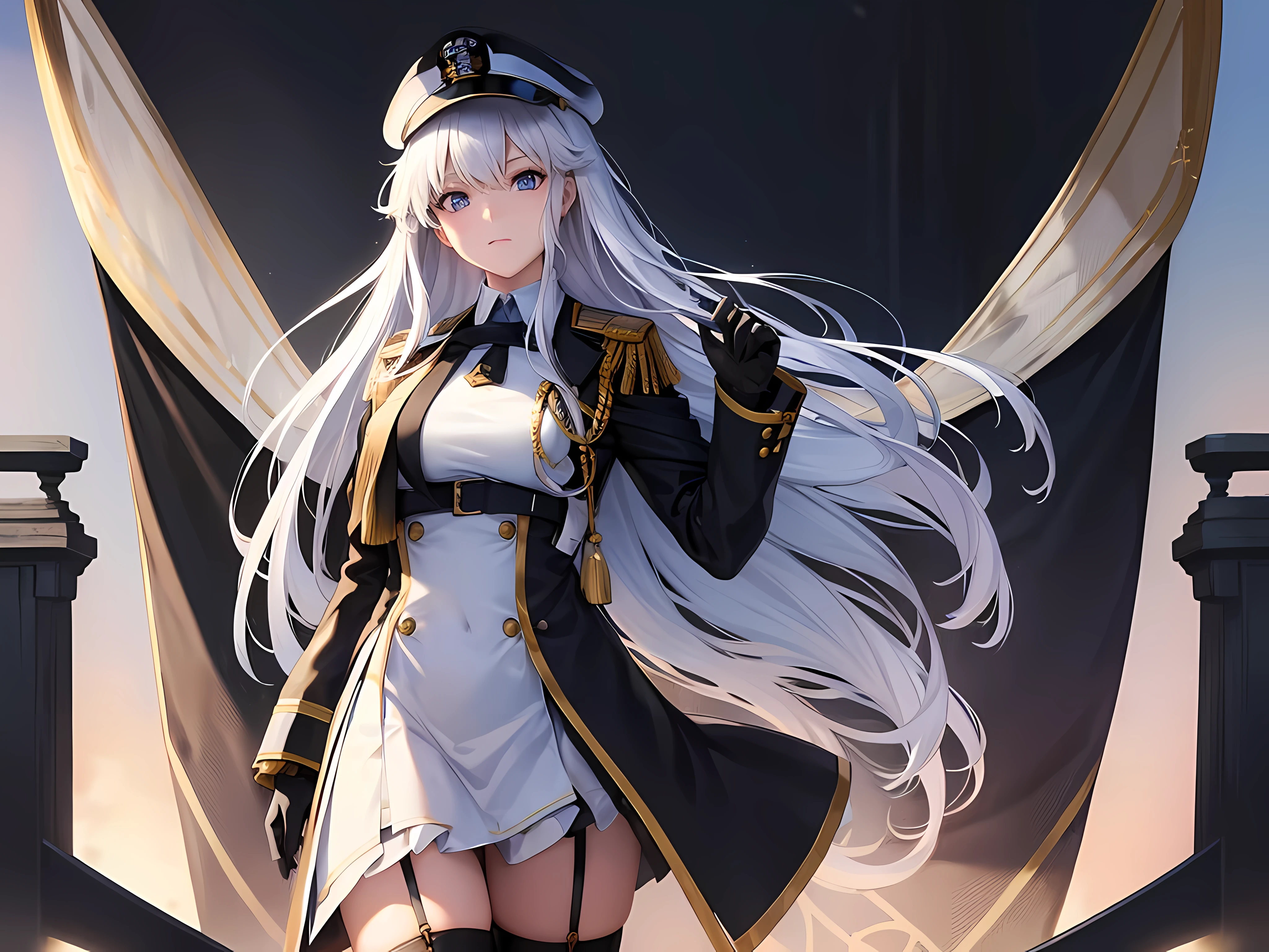 ((masterpiece, best quality, high resolution)), {full body}, ((1 girl)), ((beauty detailed eye:1)), {black neck tie:1.1}, {black gloves on both hand:1}, {elegant standing pose:1}, {military decoration on shoulder:1.05}, {white shirt:1.10}, {enterprise_azurlane:1}, {modern admiral hat:1.10}, {black detailed coat on shoulder:1.10}, {black skirt:1.15}, {black pantyhose:1.05}, {black military lace shoes:1.05}, [wide hips], slim, handsome, 16k picture quality, enterprise from azur lane, standing on sea, purple_eyes, hair_between_eyes, slight smile, long_hair, large breasts, beautiful detailed face, highly detailed, black leather gloves, illustration,extremely detailed sea background wallpaper, deep lines, precise brushstrokes, wonderful color scheme, intricate details, perfect fit harmonious tones, cinematic lighting, black pantyhose, mature, mature, face, white_silver__long_hair, slightly_floating_hair, large_breasts,  jewelry, bangs, cinematic angle, posing caustics, looking_at_viewer