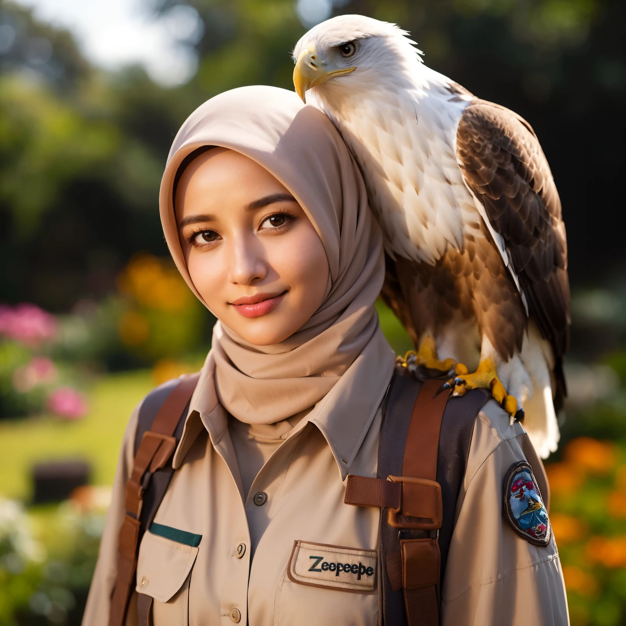 Photography by Peter Kemp, a woman wearing a hijab and wearing a zookeeper's outfit, is standing, on her shoulder there is an eagle, face facing front, face with a slight smile, garden background, very sharp resolution, bright lighting.